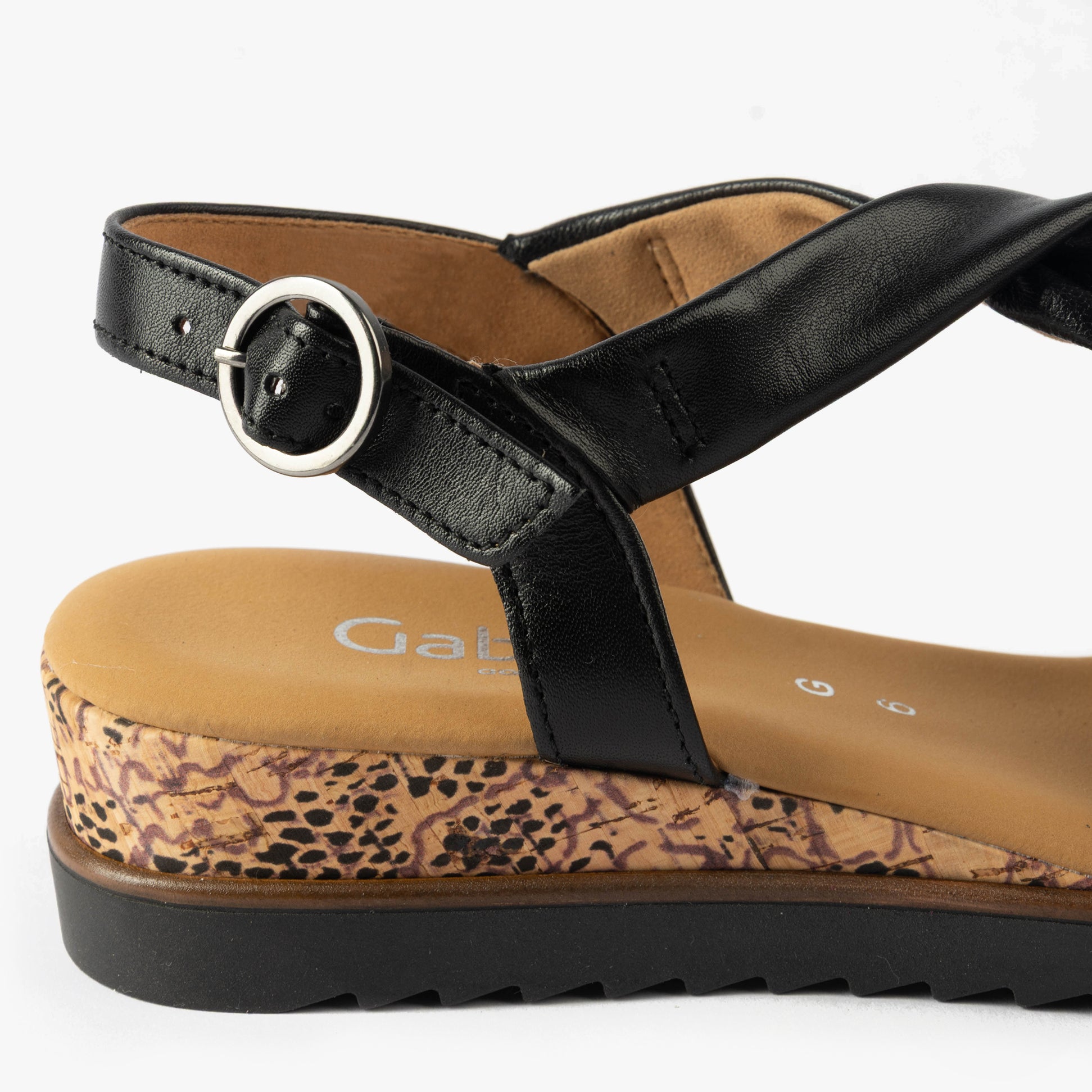 Gabor RICH Womens Sandals Black side view showing leather upper, textile lining, and wedge heel.