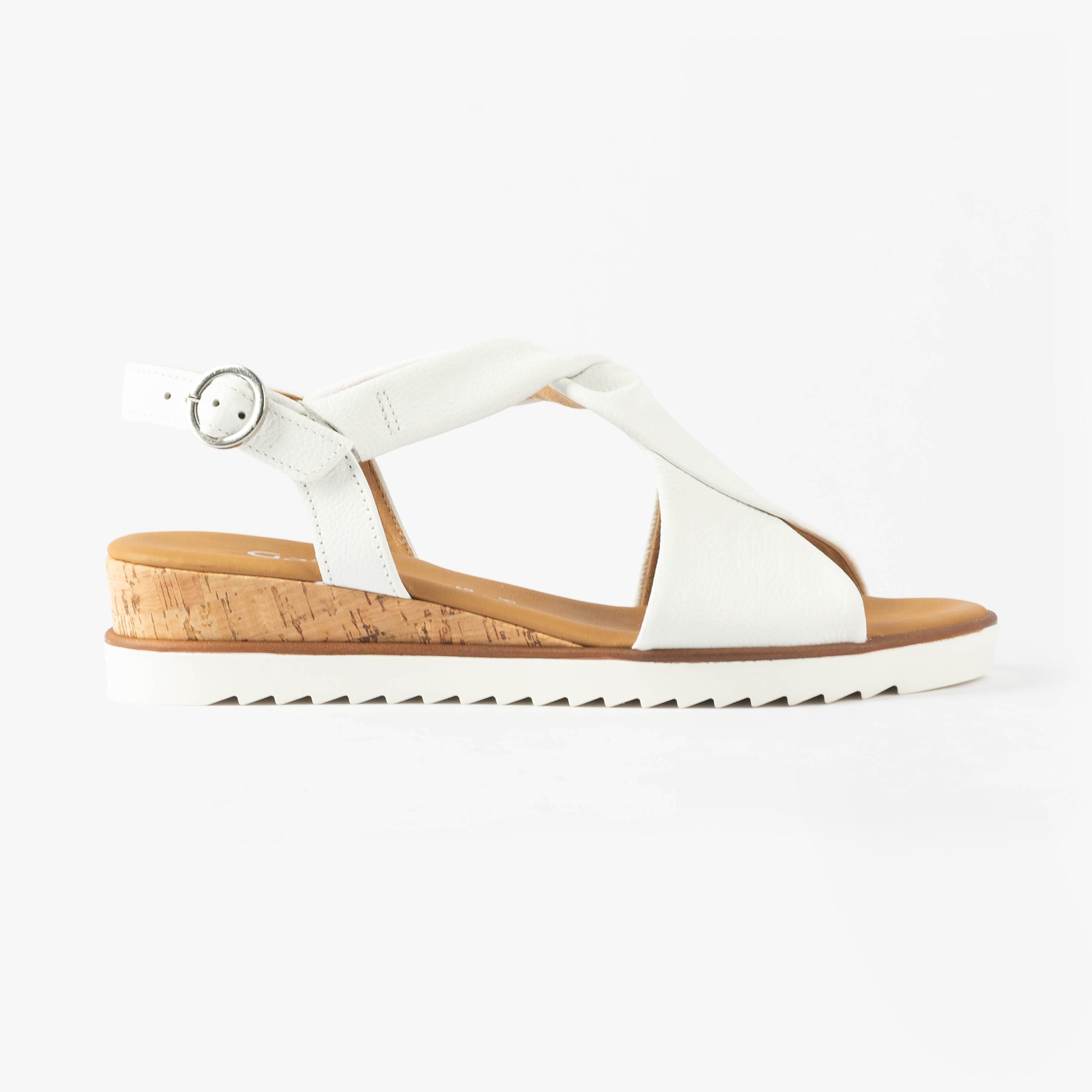 Gabor RICH Womens Sandals White side view showcasing leather upper, wedge heel, and buckle closure.