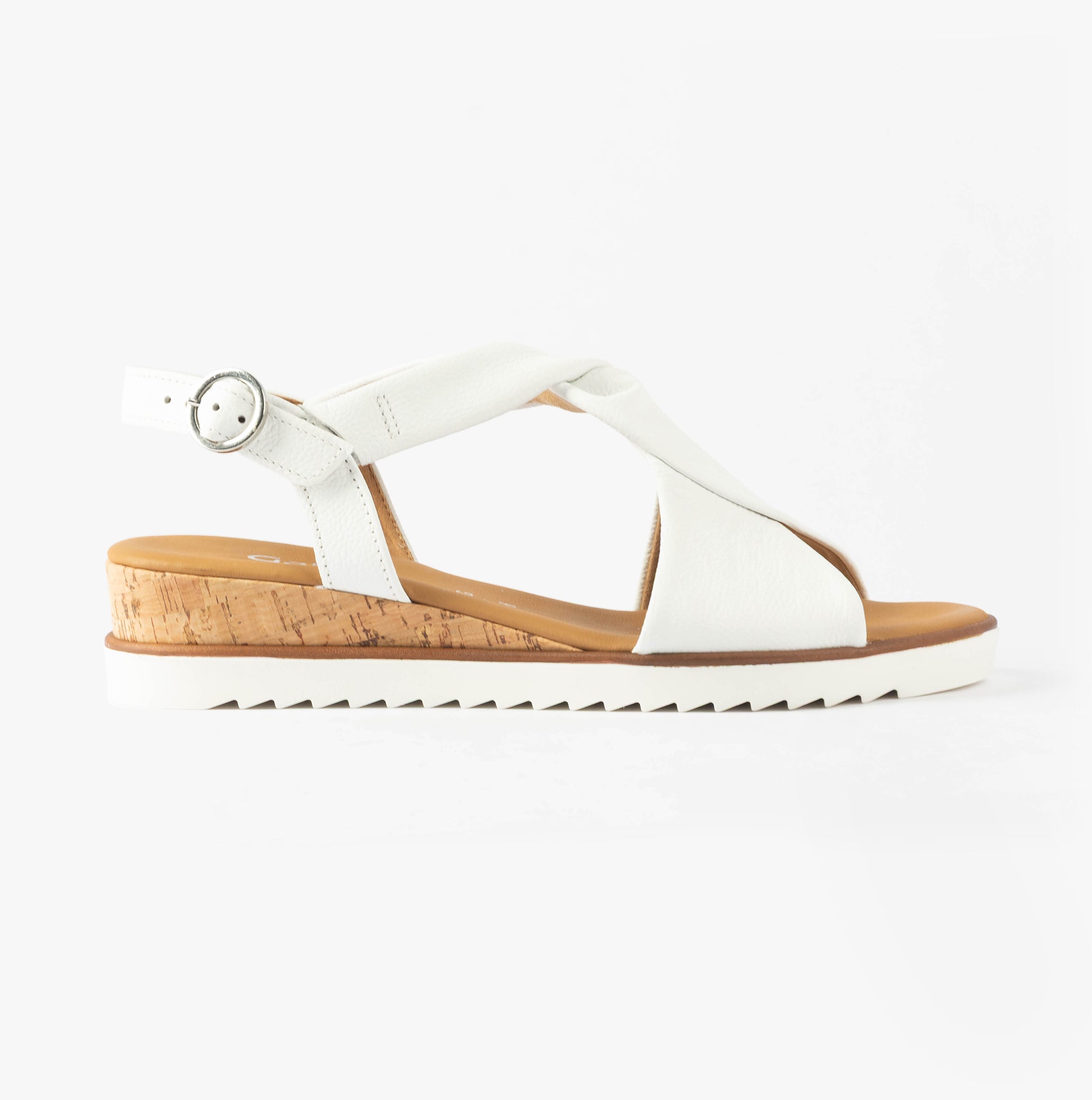 Gabor RICH Womens Sandals White side view showcasing leather upper, wedge heel, and buckle closure.