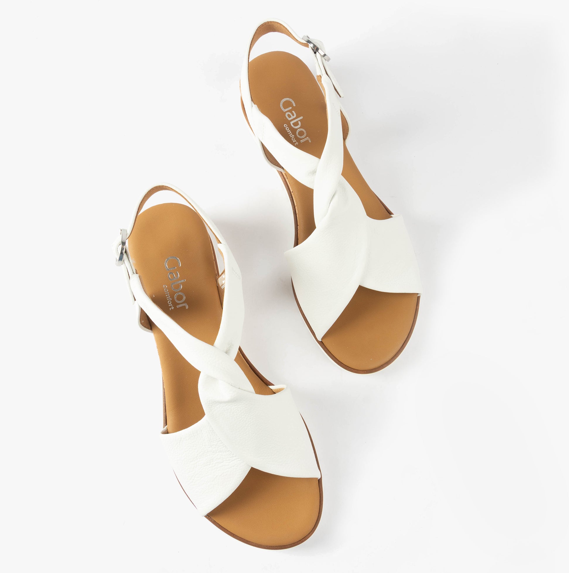 Gabor RICH Womens Sandals White top view showing leather upper, wedge heel, and buckle fastening for comfort.