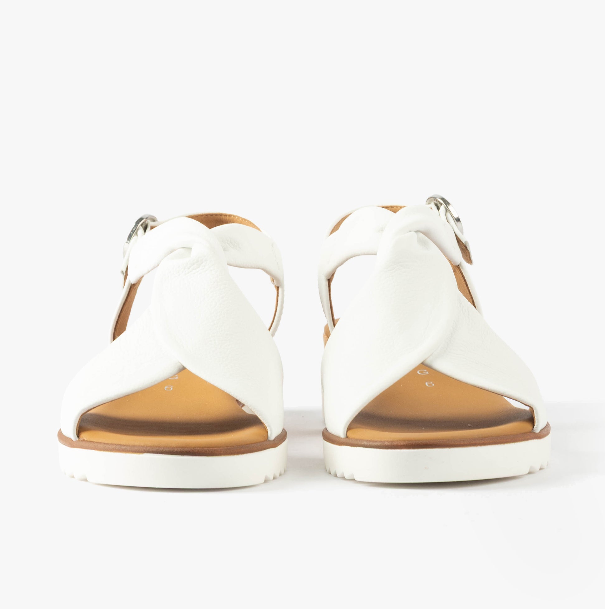 Gabor RICH Womens Sandals White front view, showcasing white leather upper and buckle closure on a lightweight wedge heel.