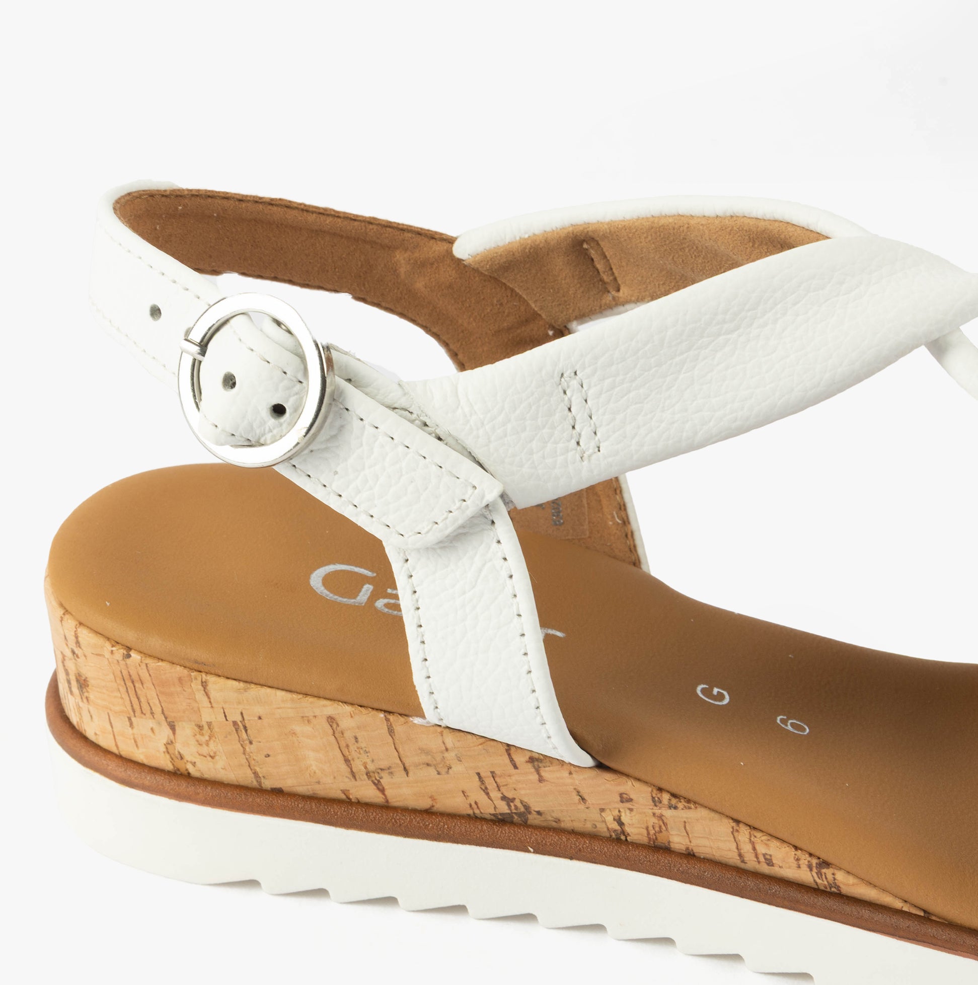 Gabor RICH Womens Sandals White side view featuring leather upper, buckle closure, and wedge heel.