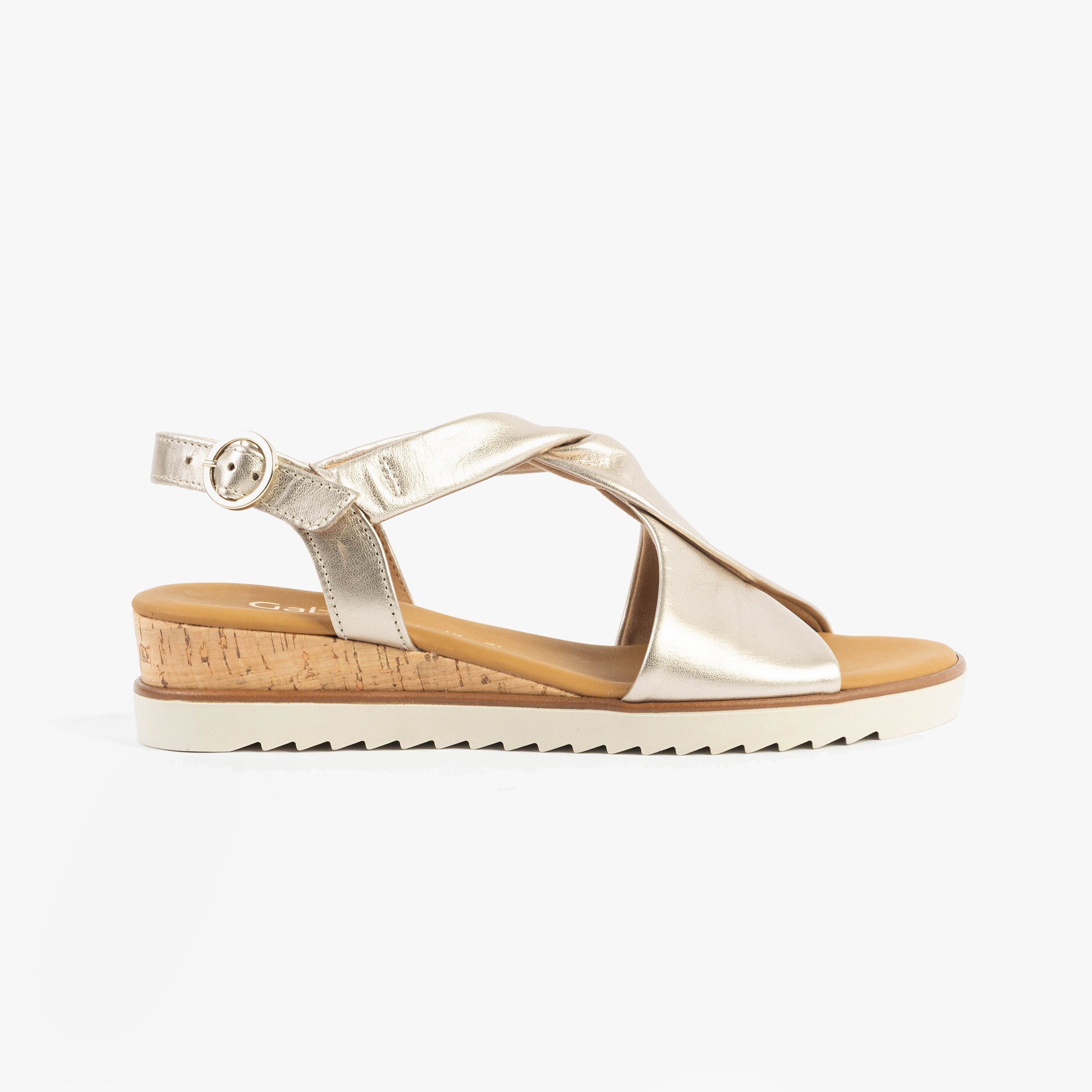 Gabor RICH Womens Sandals Beige side view showcasing leather upper, buckle closure, and wedge heel design.