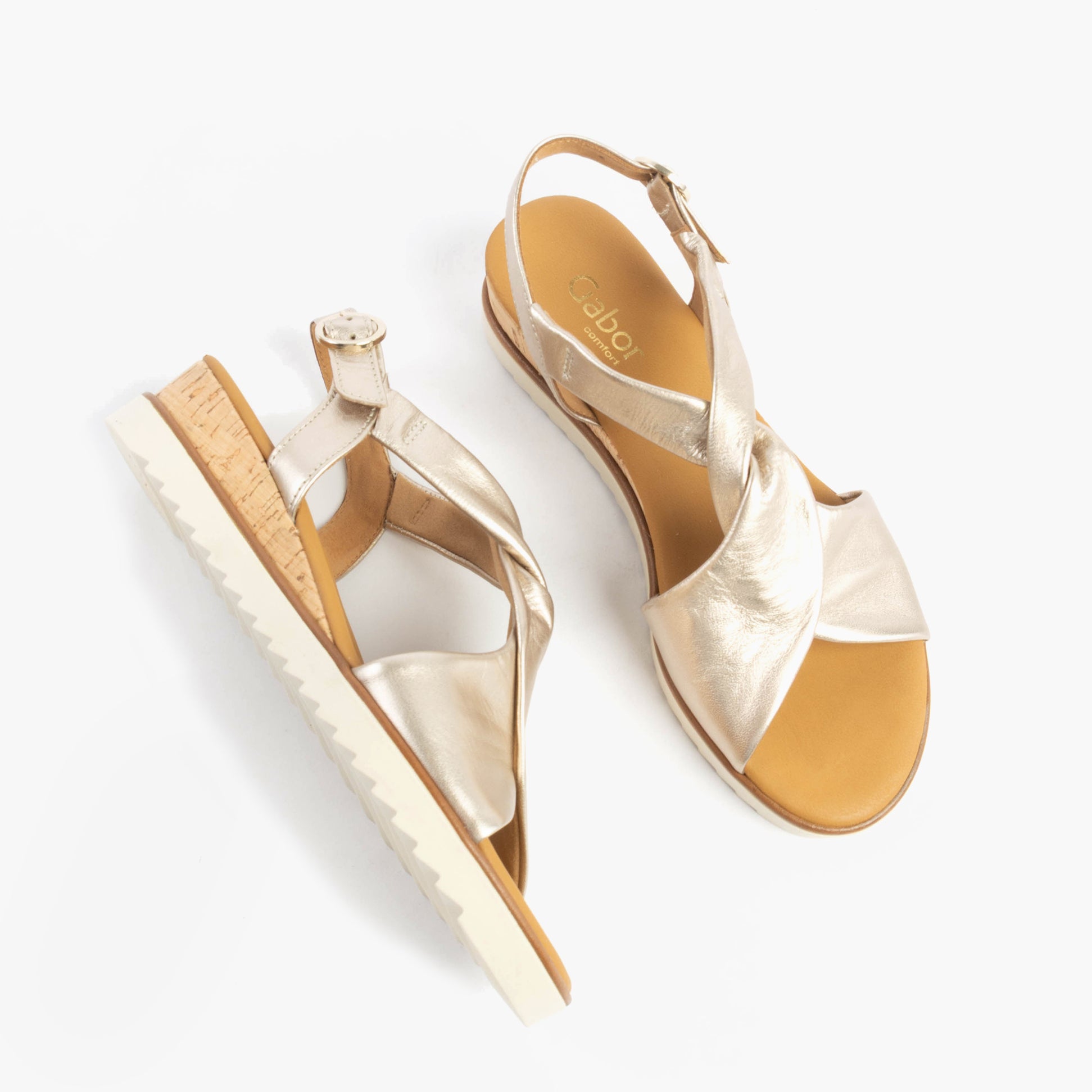 Gabor RICH Womens Sandals Beige side view showing leather upper and lightweight wedge heel.