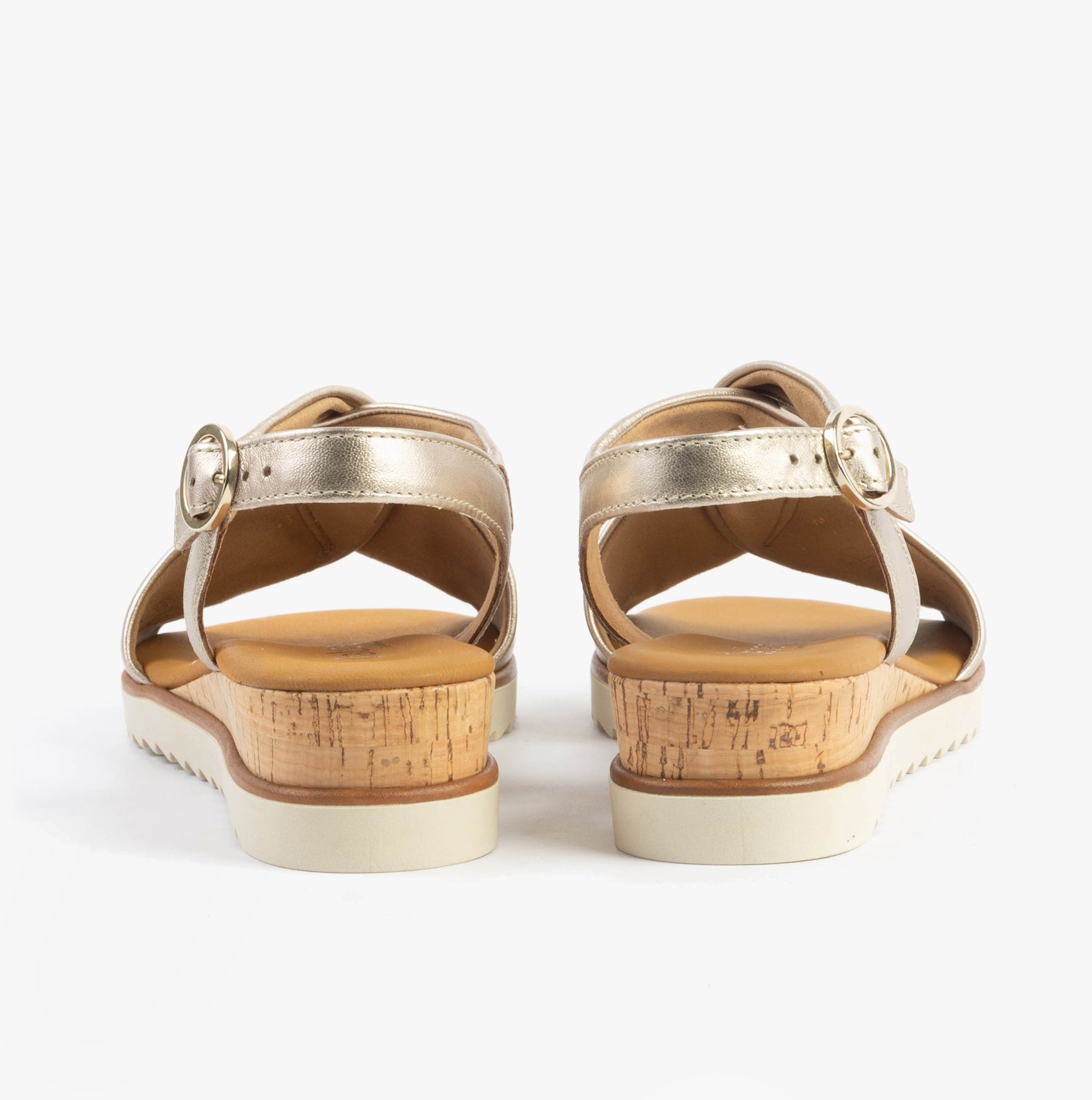 Gabor RICH Womens Sandals Beige rear view showing buckle, cork sole, and lightweight wedge heel design.