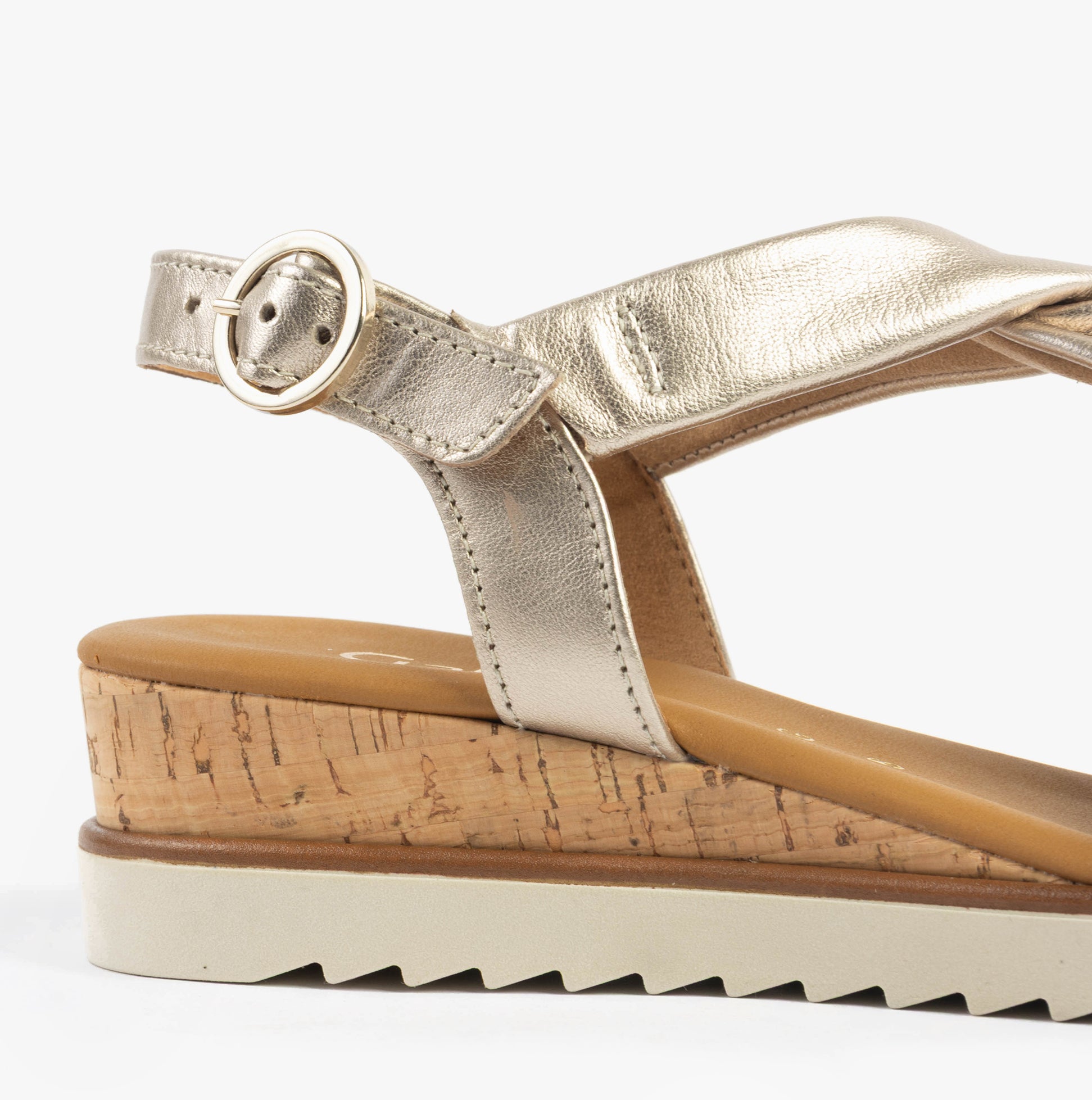 Gabor RICH Womens Sandals Beige side view showing leather upper, buckle fastening, and wedge heel design.