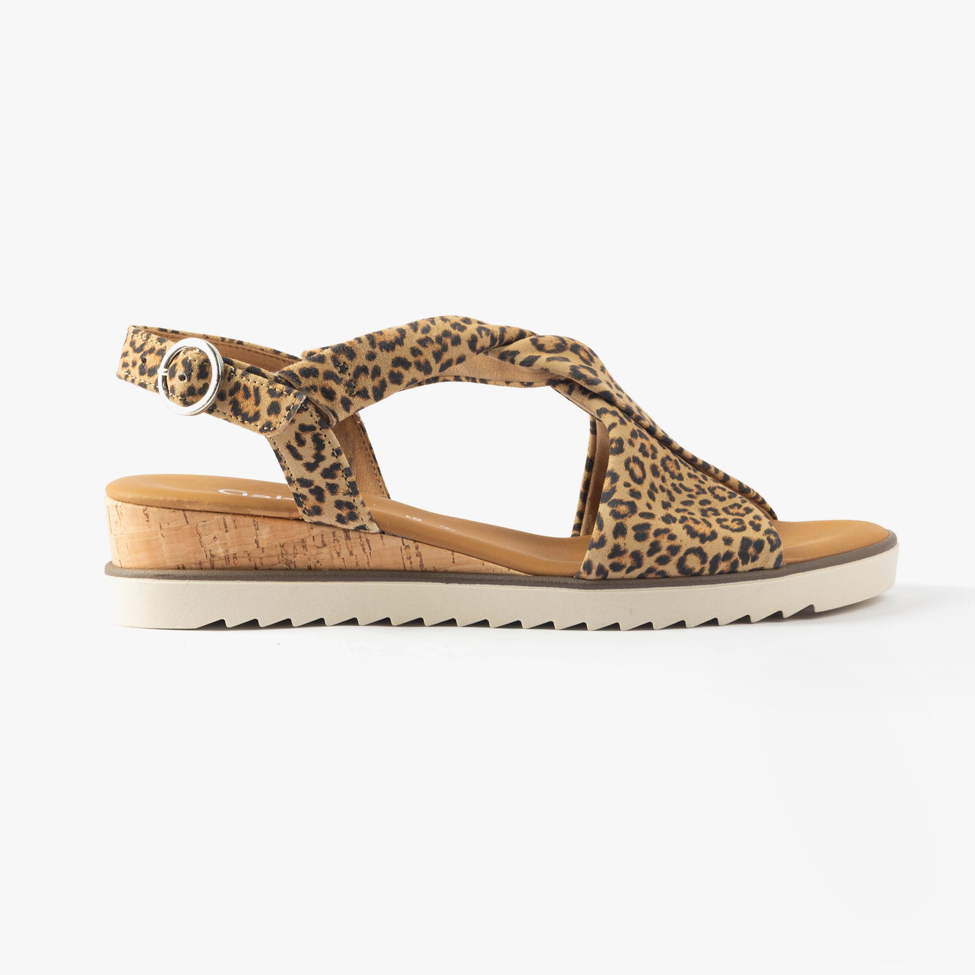 Gabor RICH Womens Sandals Medium Brown side view showcasing the leather upper and wedge heel design with buckle fastening.