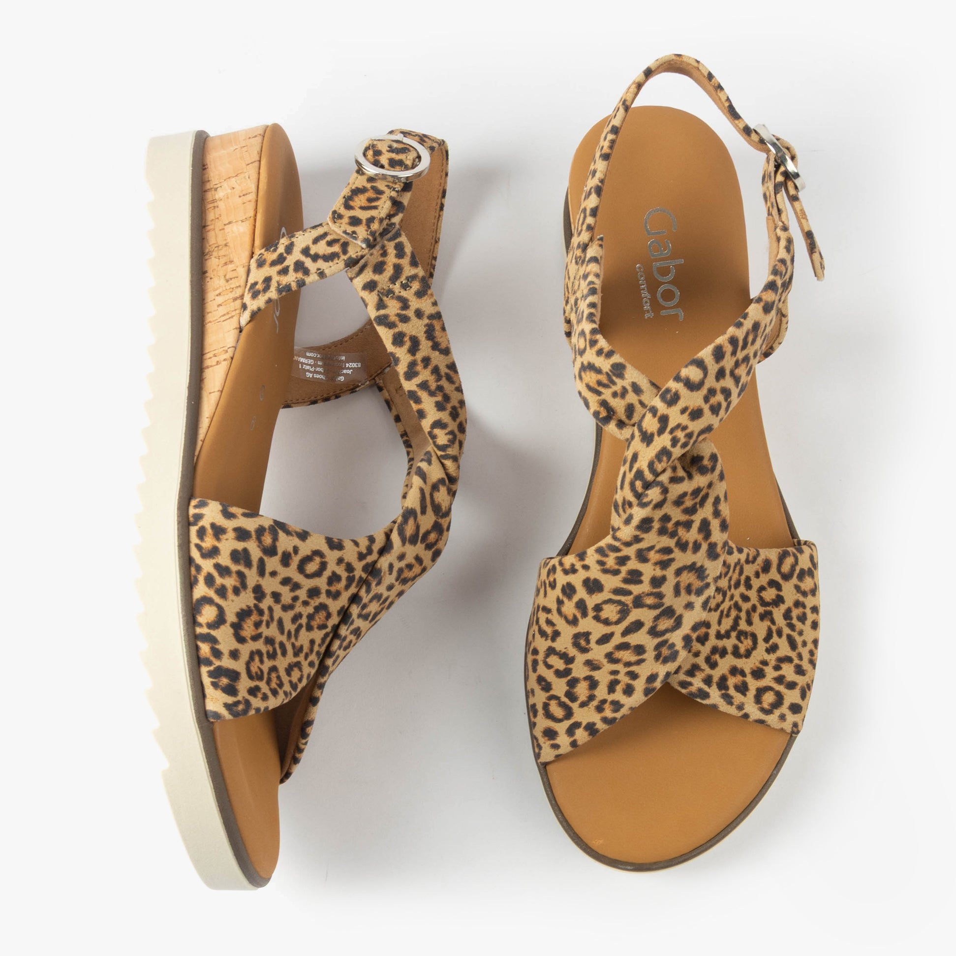 Gabor RICH Womens Sandals Medium Brown top view featuring leopard print design and wedge heel.