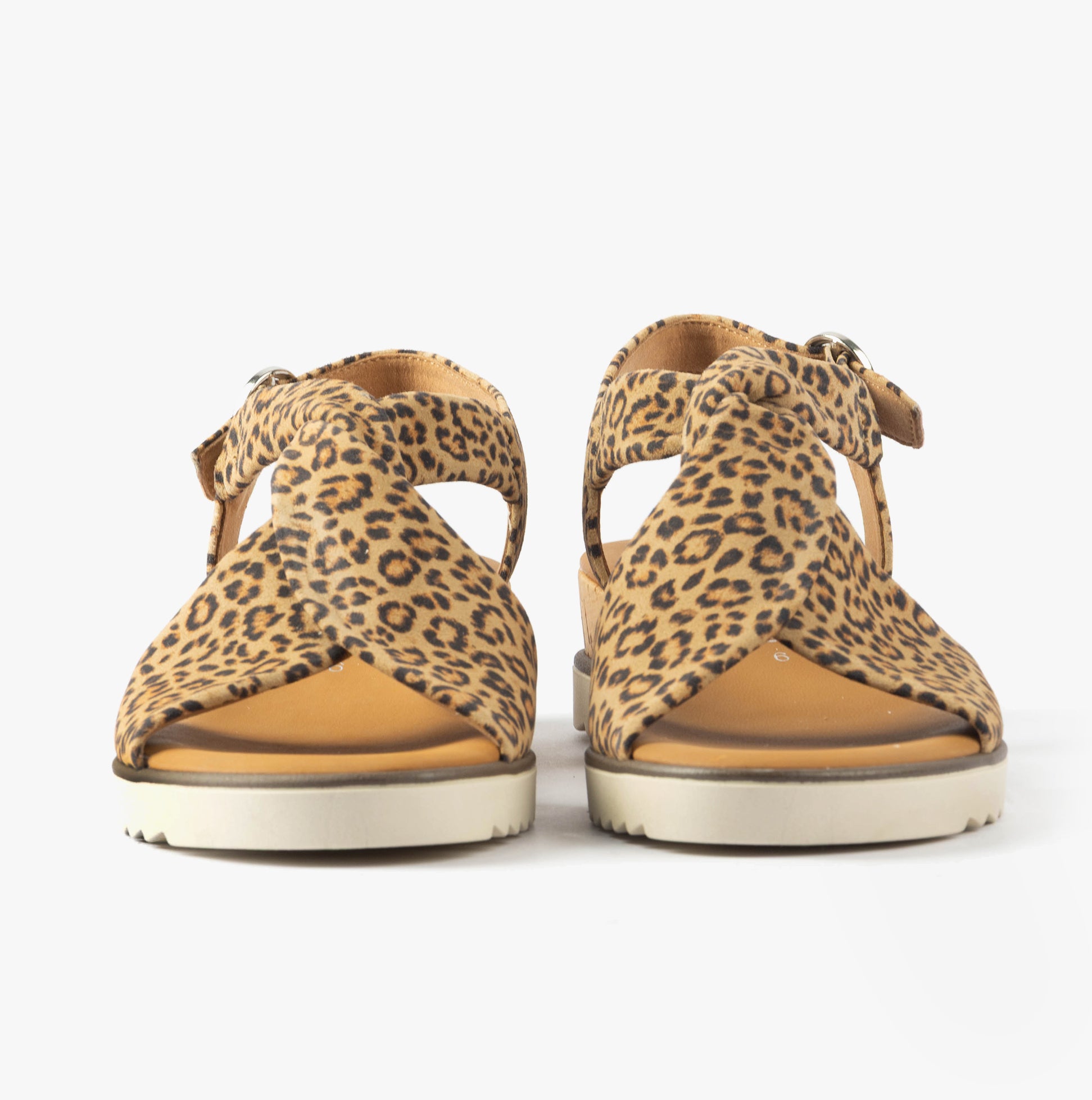 Gabor RICH Womens Sandals Medium Brown front view showing stylish leopard print design and buckle closure.