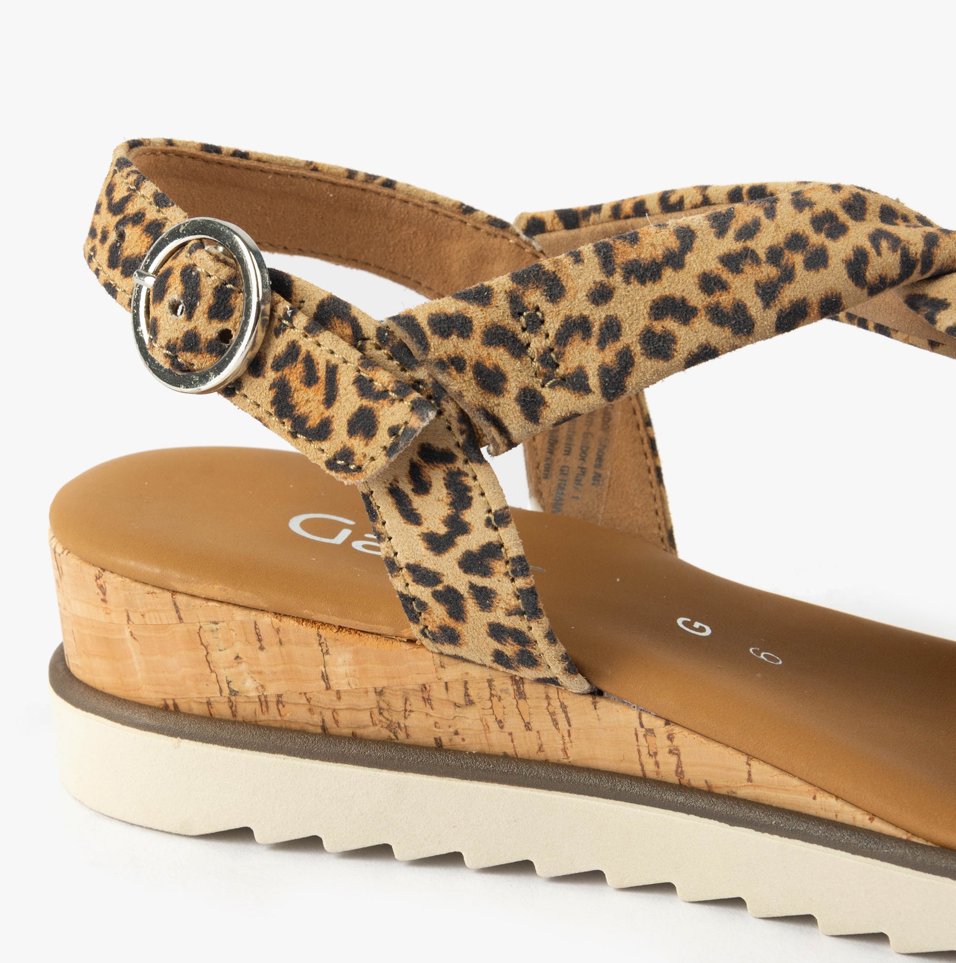Gabor RICH Womens Sandals Medium Brown side view showcasing leopard print straps and wedge heel.