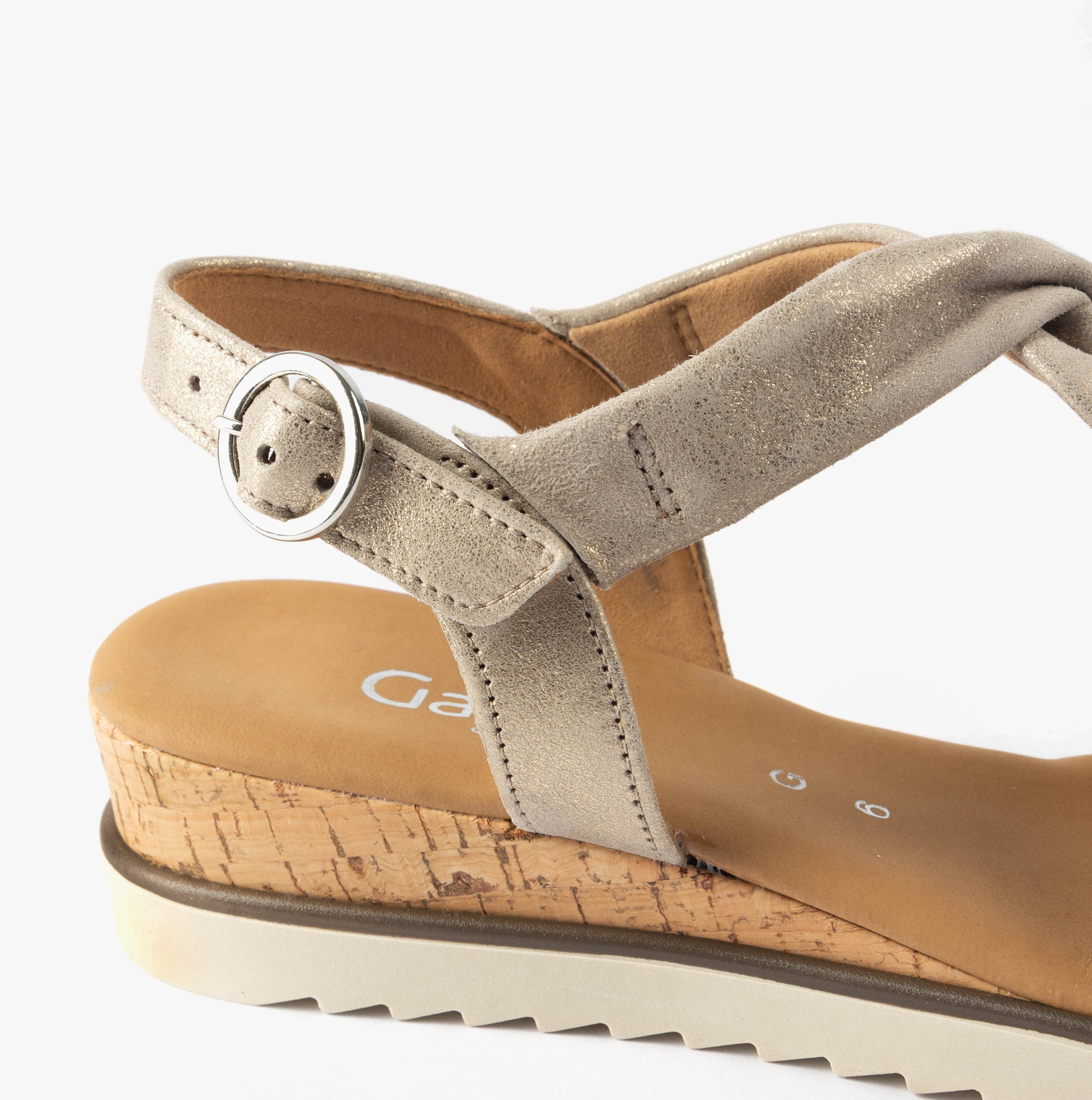 Gabor RICH Womens Sandals Mushroom side view showing the leather upper, buckle fastening, and lightweight wedge sole.