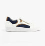 Gabor WEMO Womens Trainers White side view featuring casual leather design with navy accents and zip detail.