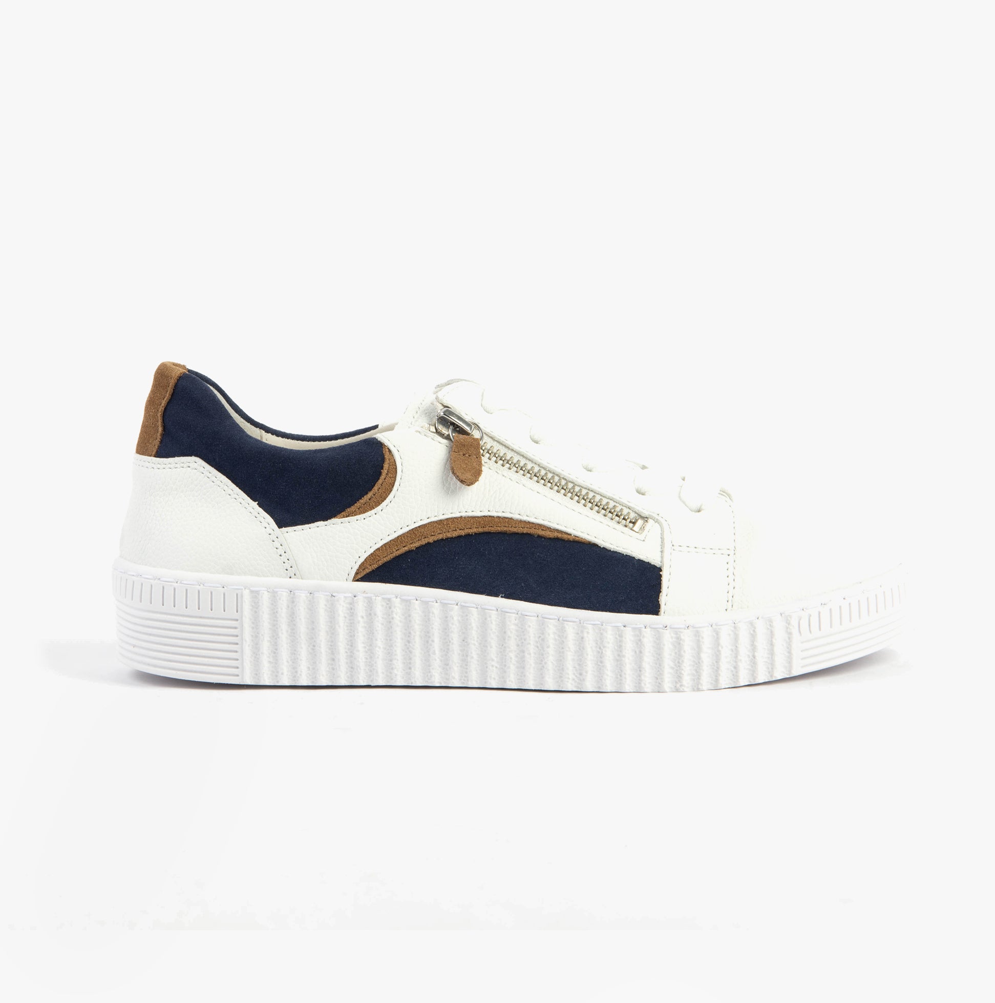 Gabor WEMO Womens Trainers White side view featuring casual leather design with navy accents and zip detail.