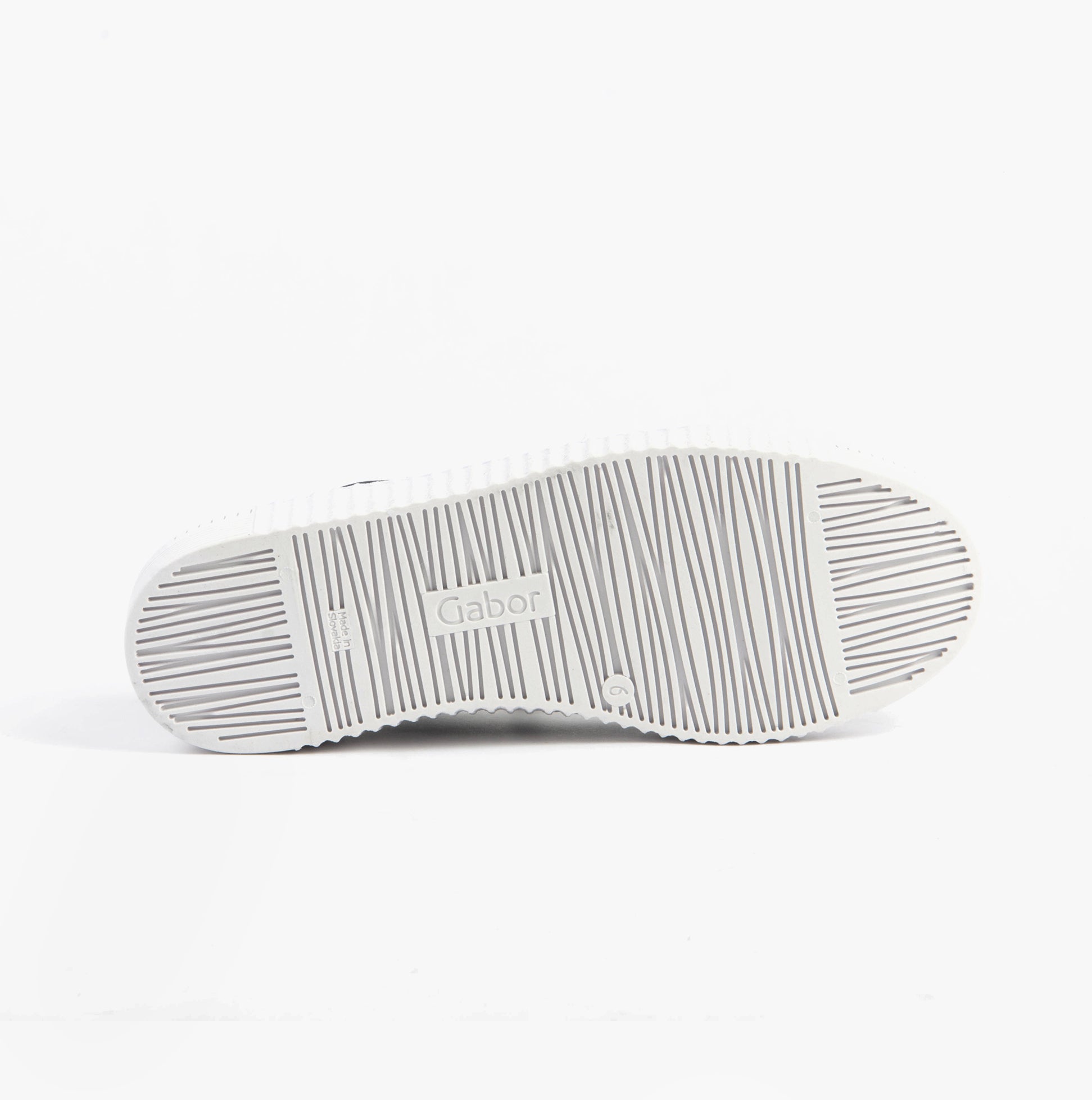 Gabor WEMO Womens Trainers White bottom view showcasing rubber sole design and brand details.