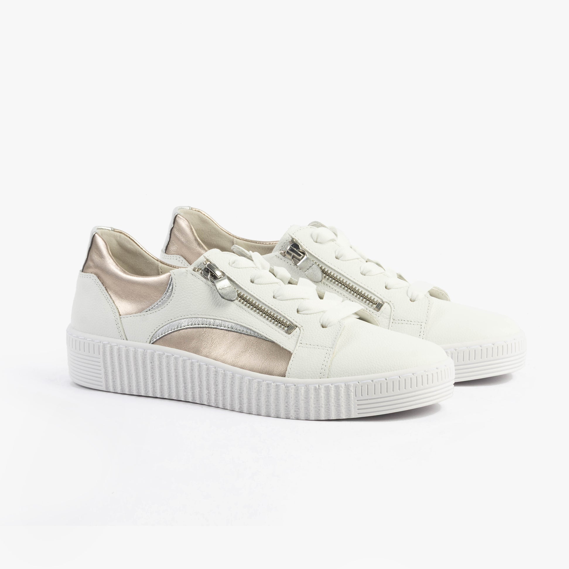 Gabor WEMO Womens Trainers White side view with gold accents, casual lace-up style, leather upper, rubber sole.