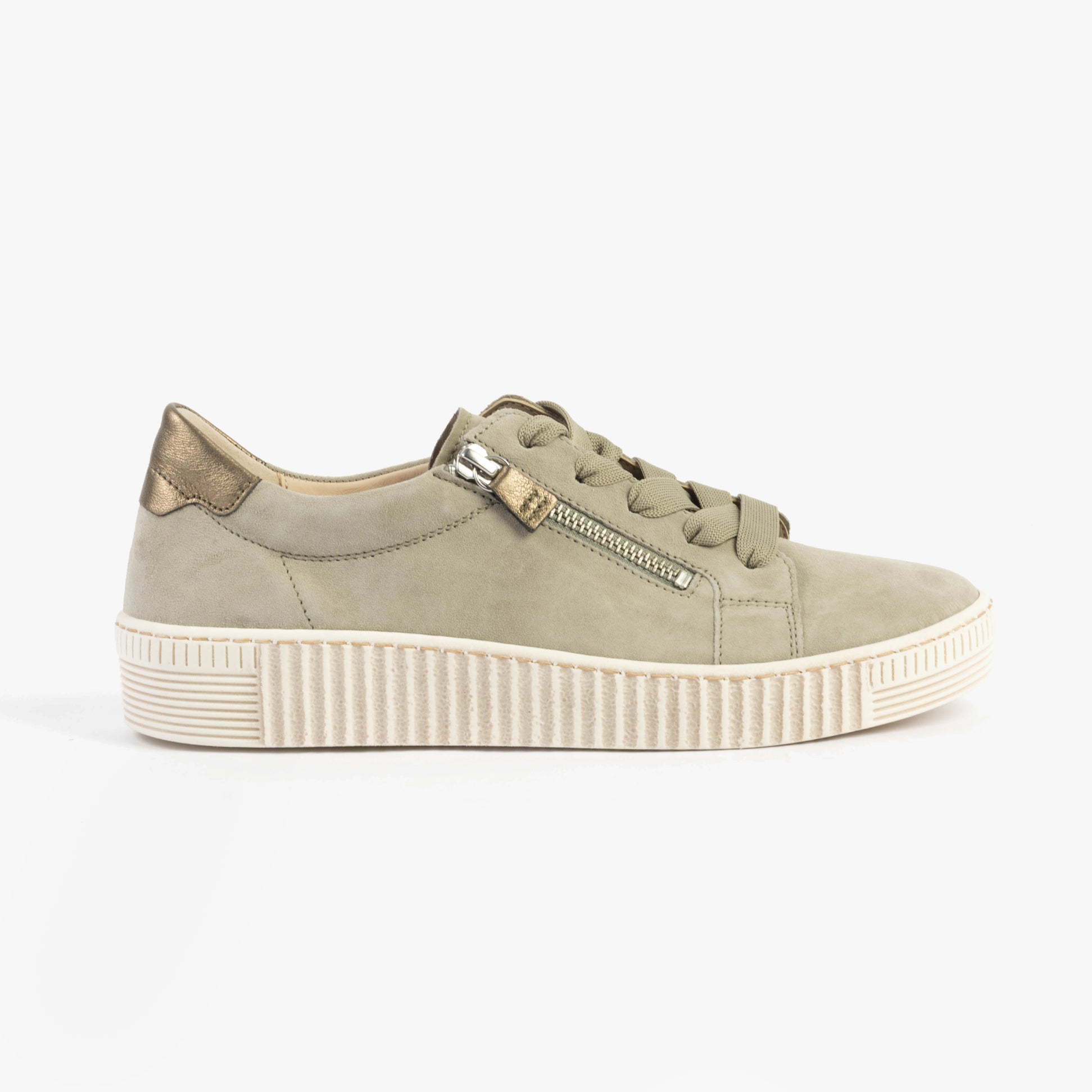 Gabor WISDOM Womens Trainers Grey side view featuring casual leather upper and rubber sole.