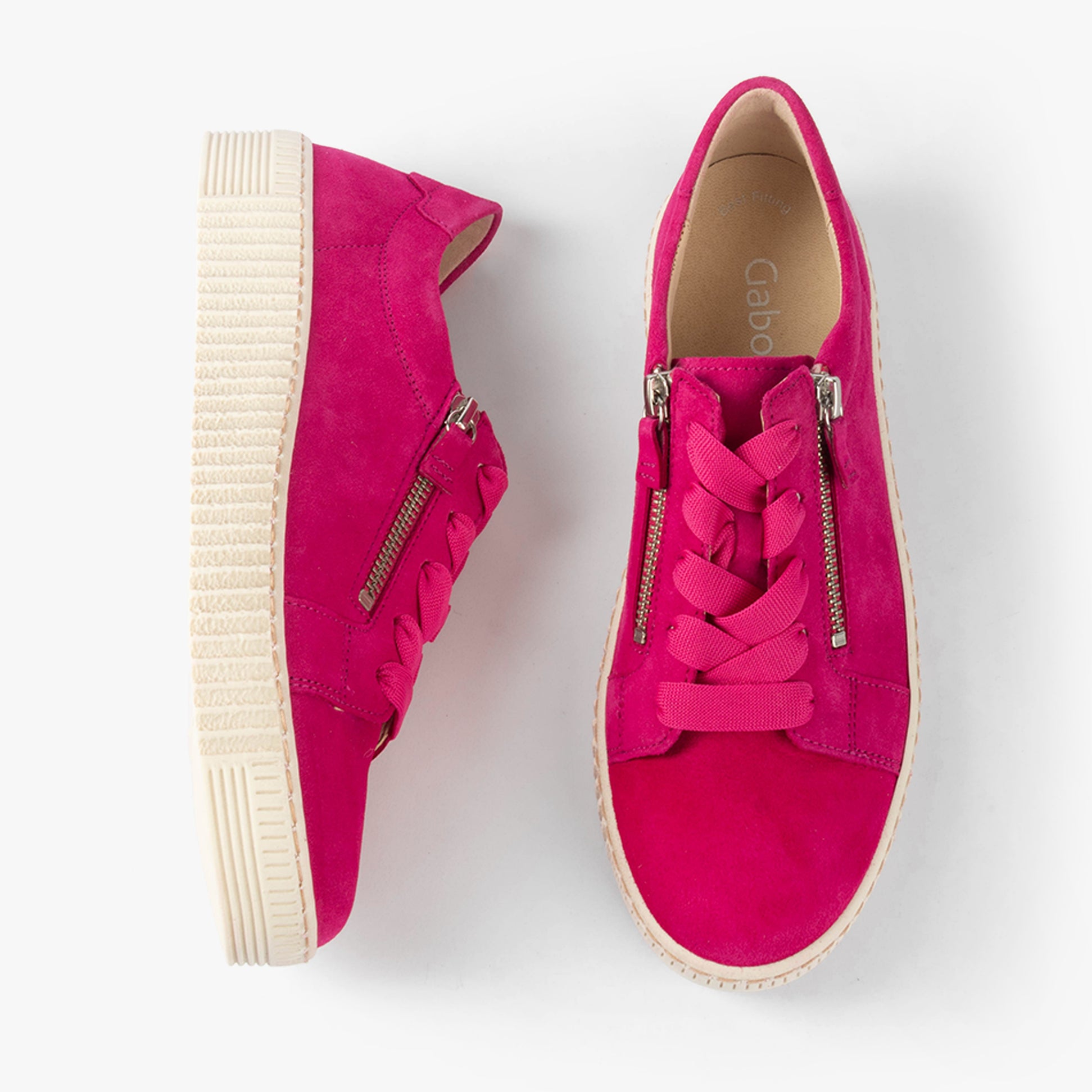 Gabor WISDOM Womens Trainers Pink top view showing lace-up design and zipper detail, casual pink leather trainers.