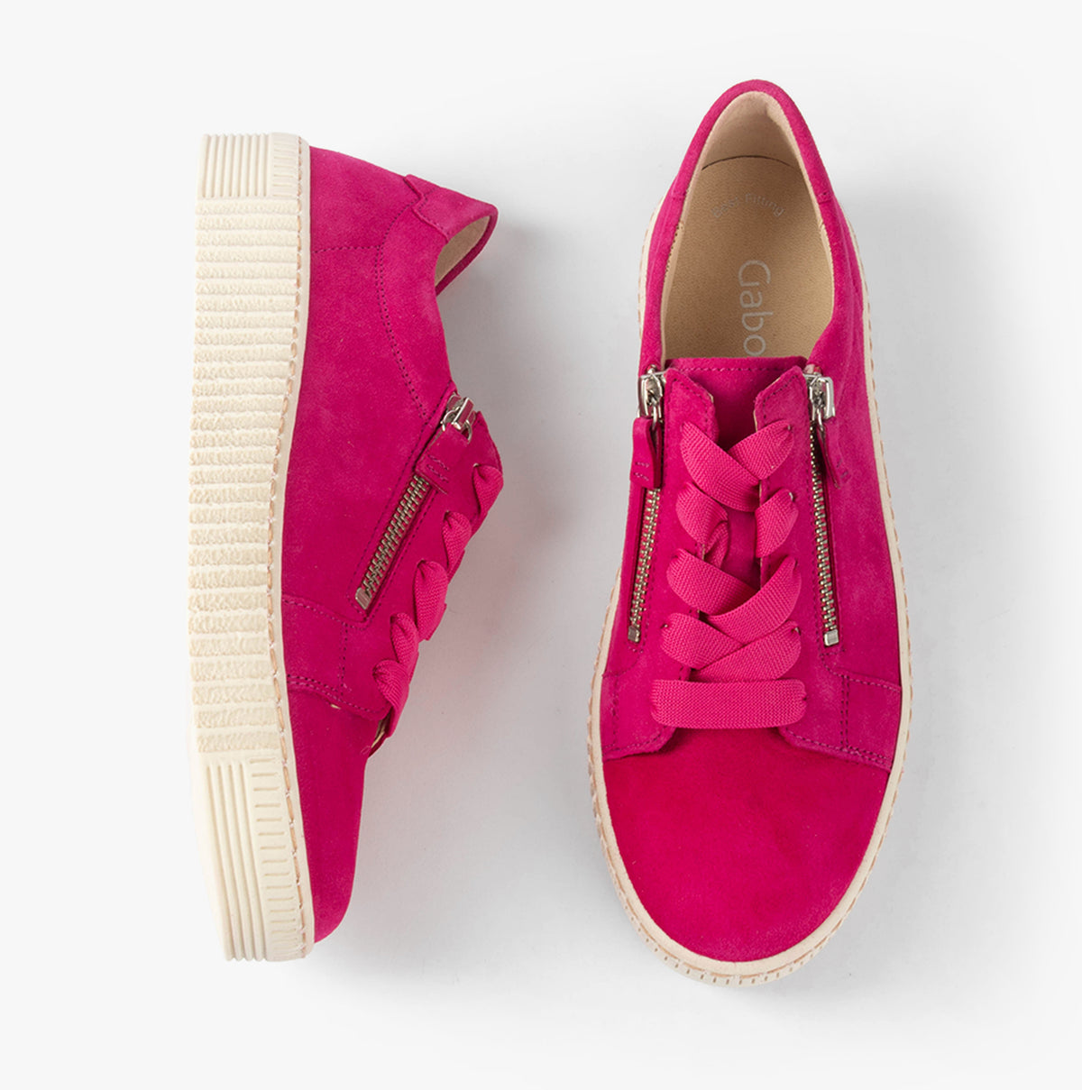 Gabor WISDOM Womens Trainers Pink top view showing lace-up design and zipper detail, casual pink leather trainers.