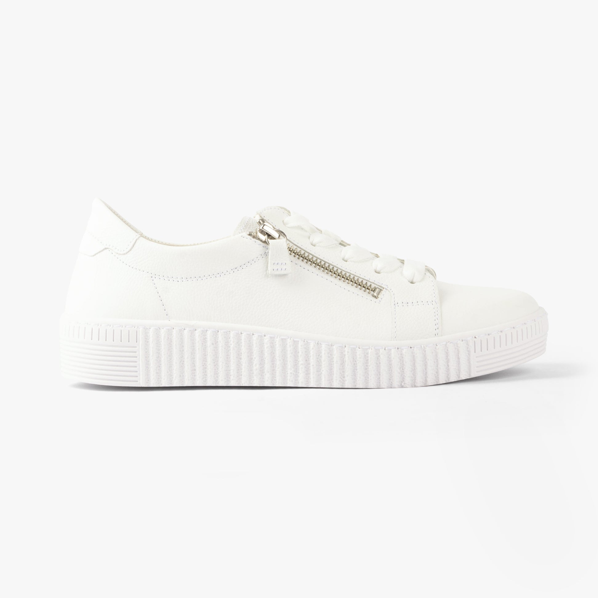 Gabor WISDOM Womens Trainers White side view with lace-up and zip detail, casual leather upper, rubber sole.