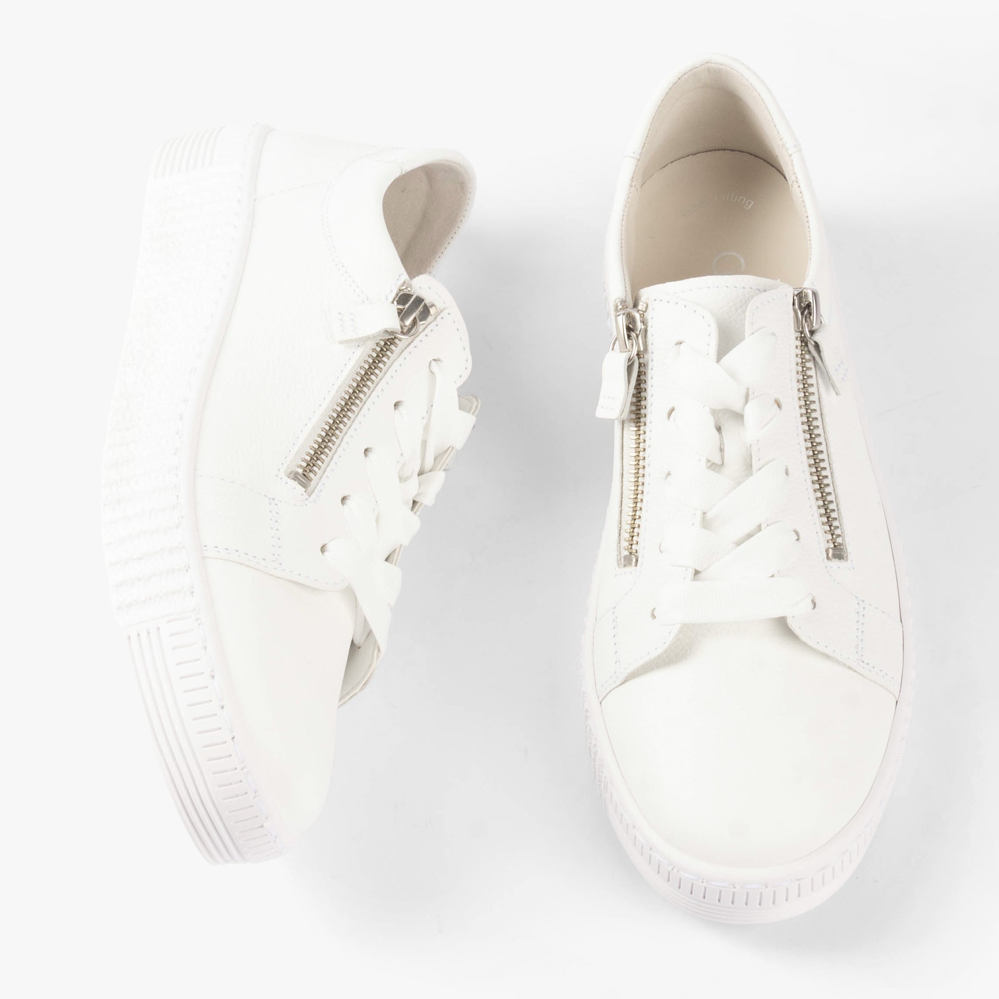 Gabor WISDOM Womens Trainers White top view with lace-up and zipper details, casual leather trainers.
