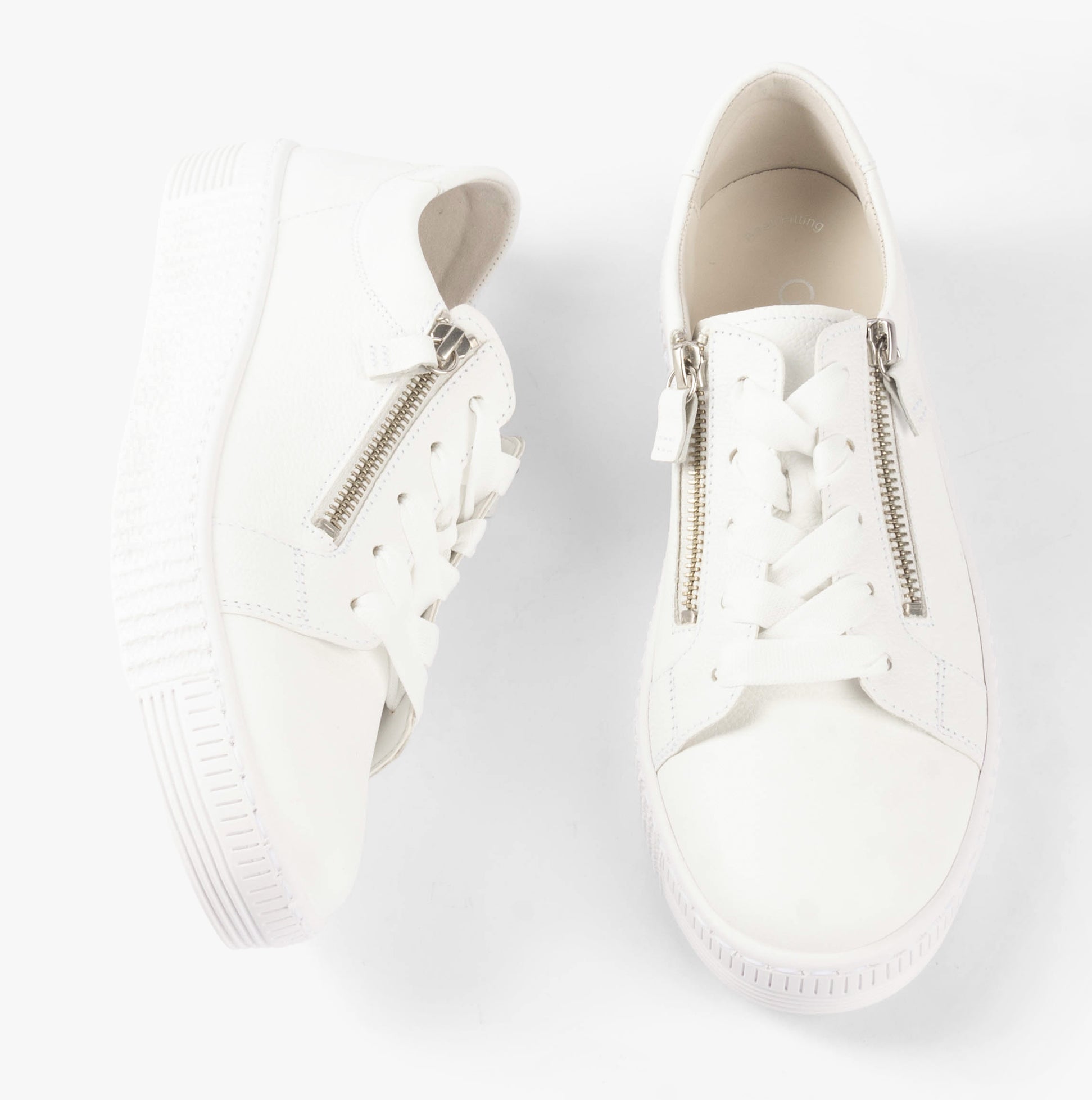 Gabor WISDOM Womens Trainers White top view with lace-up and zipper details, casual leather trainers.