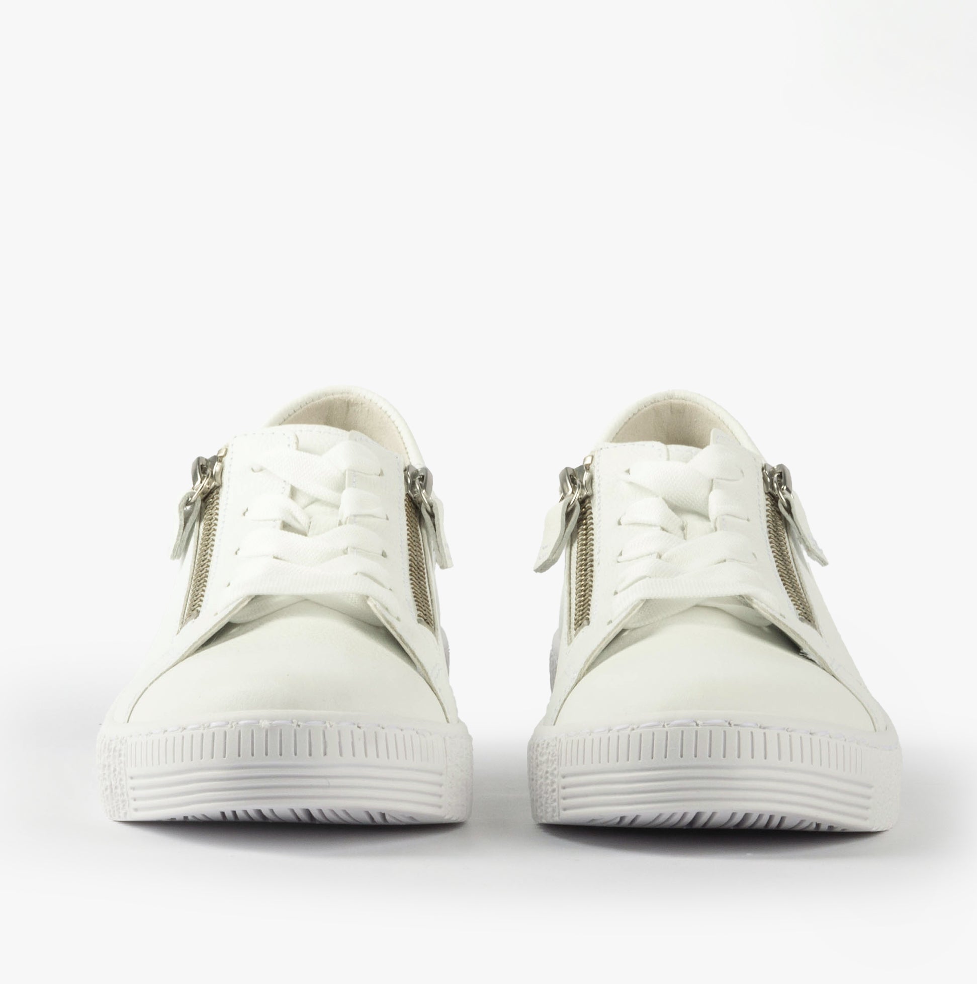 Gabor WISDOM Womens Trainers White front view showcasing leather upper and lace-up design with zippers.