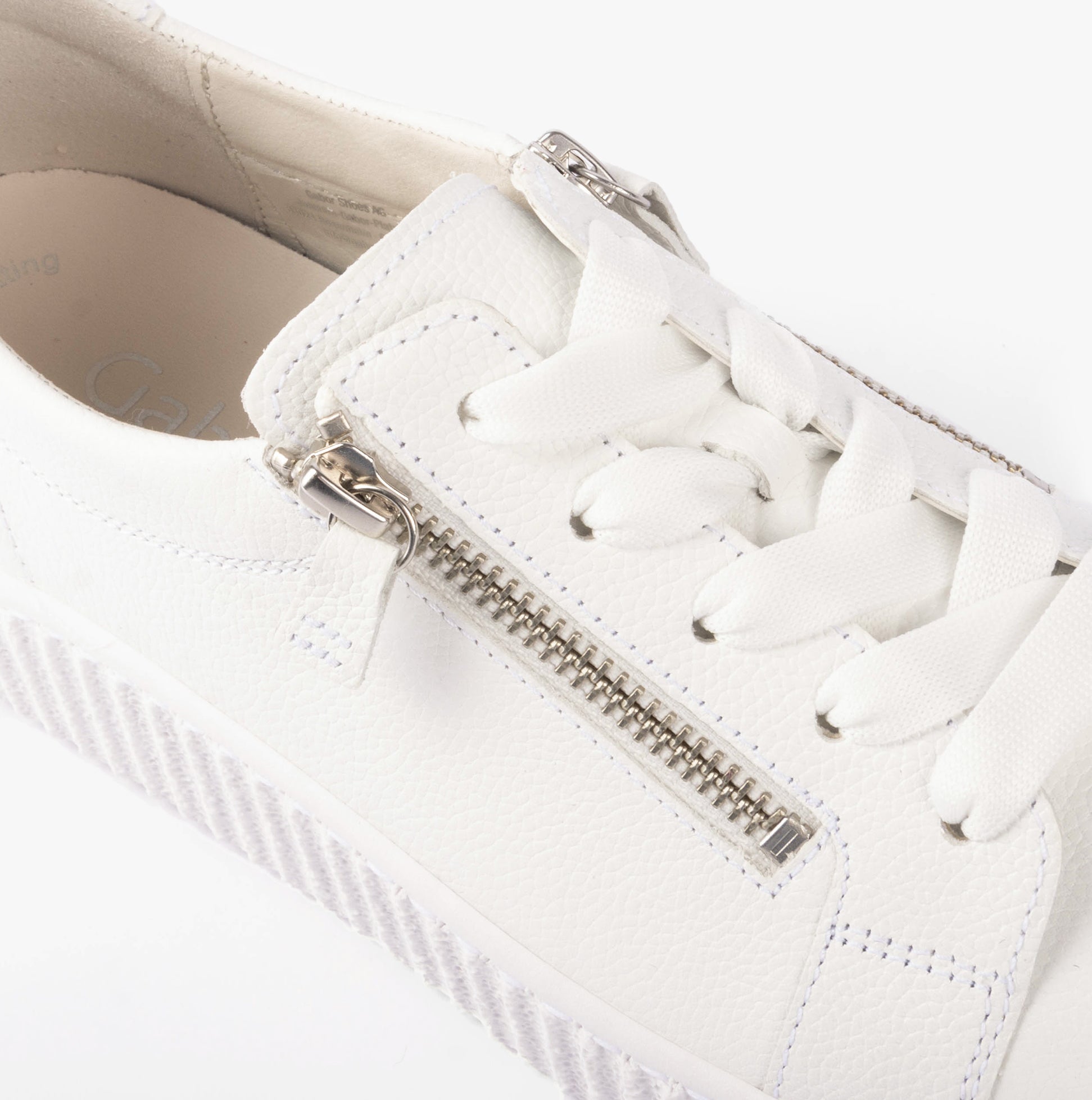 Gabor WISDOM Womens Trainers White detail view showcasing lace-up closure and zipper feature.