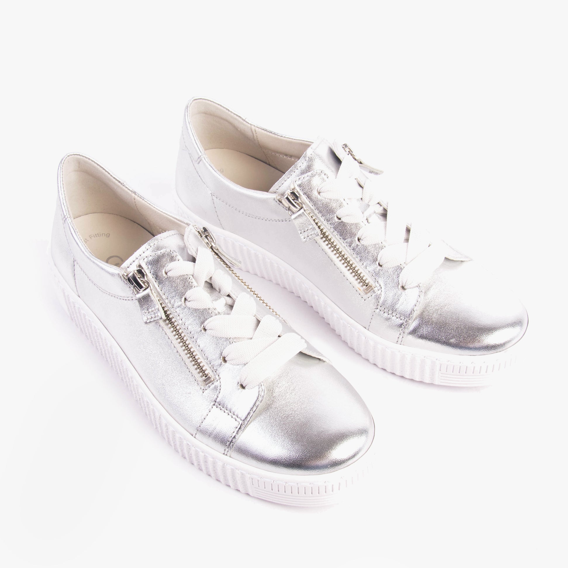 Gabor WISDOM Womens Trainers Silver side view showcasing sleek silver leather with lace-up and zip details.