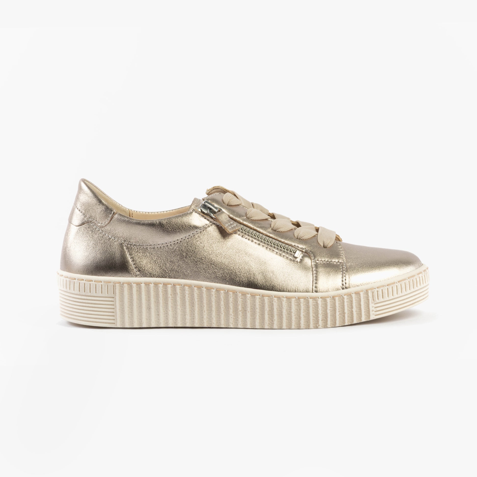 Gabor WISDOM Womens Trainers Beige side view, casual leather trainers with lace-up and rubber sole.