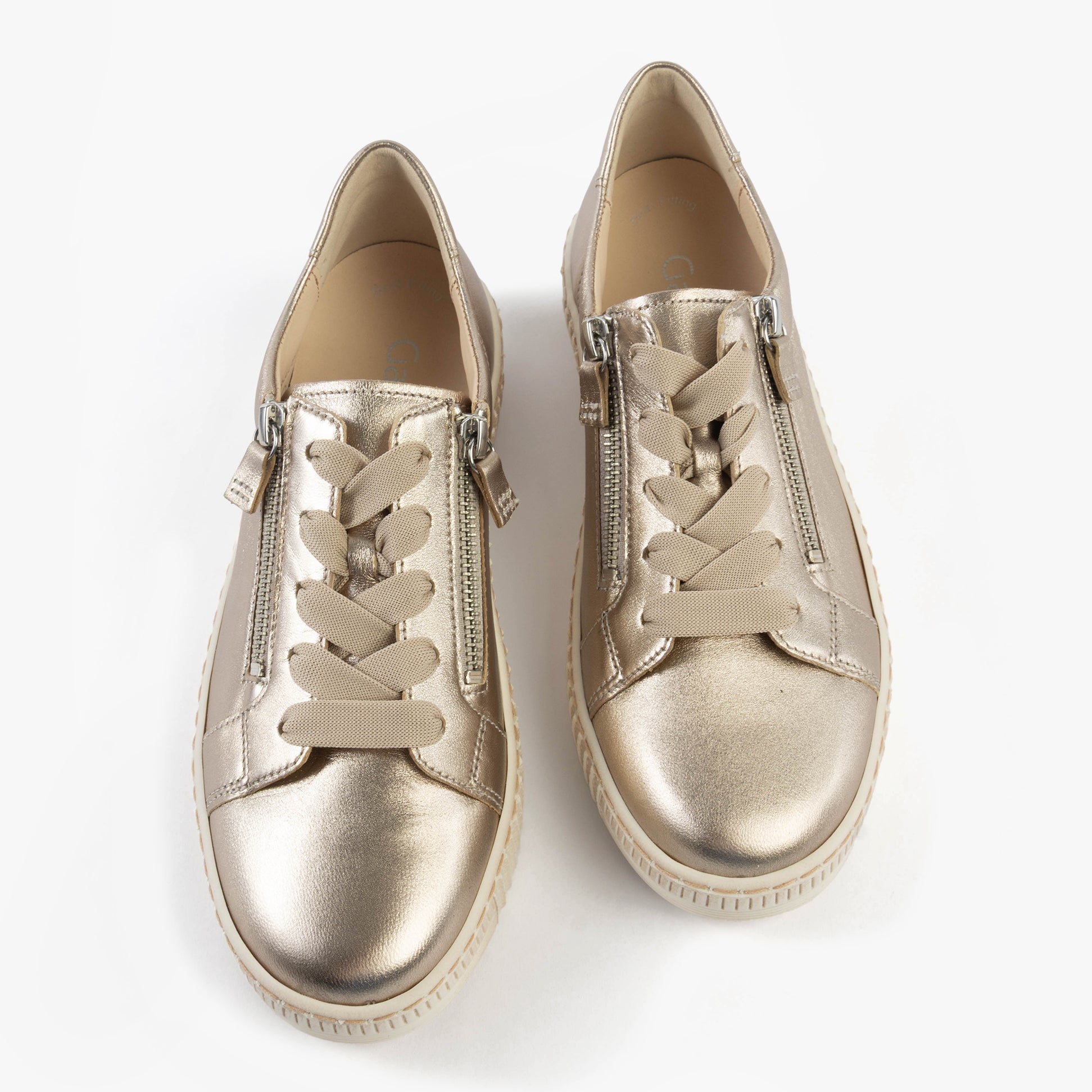 Gabor WISDOM Womens Trainers Beige top view of trendy casual leather trainers with lace-up and zip details.