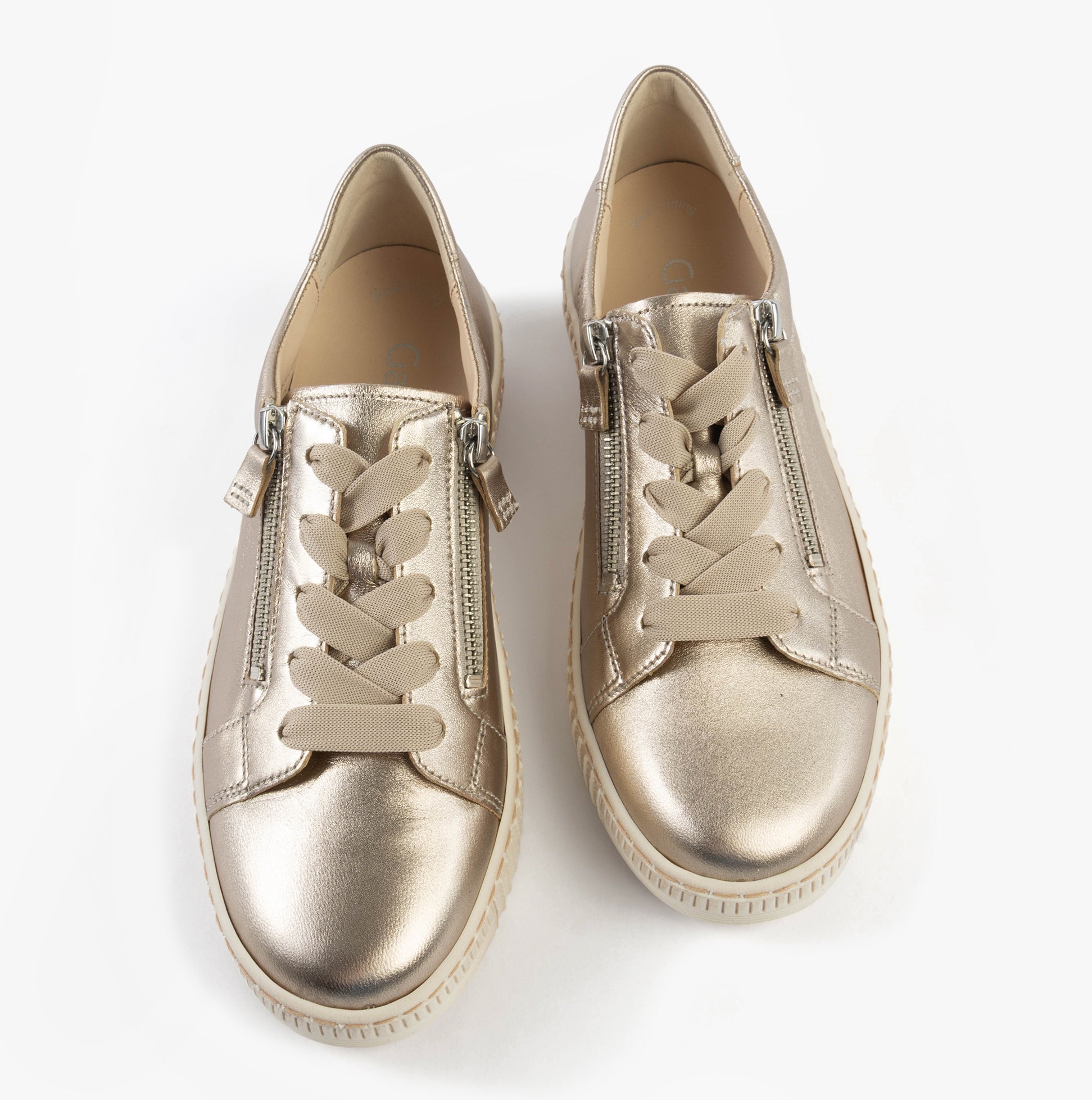 Gabor WISDOM Womens Trainers Beige top view of trendy casual leather trainers with lace-up and zip details.