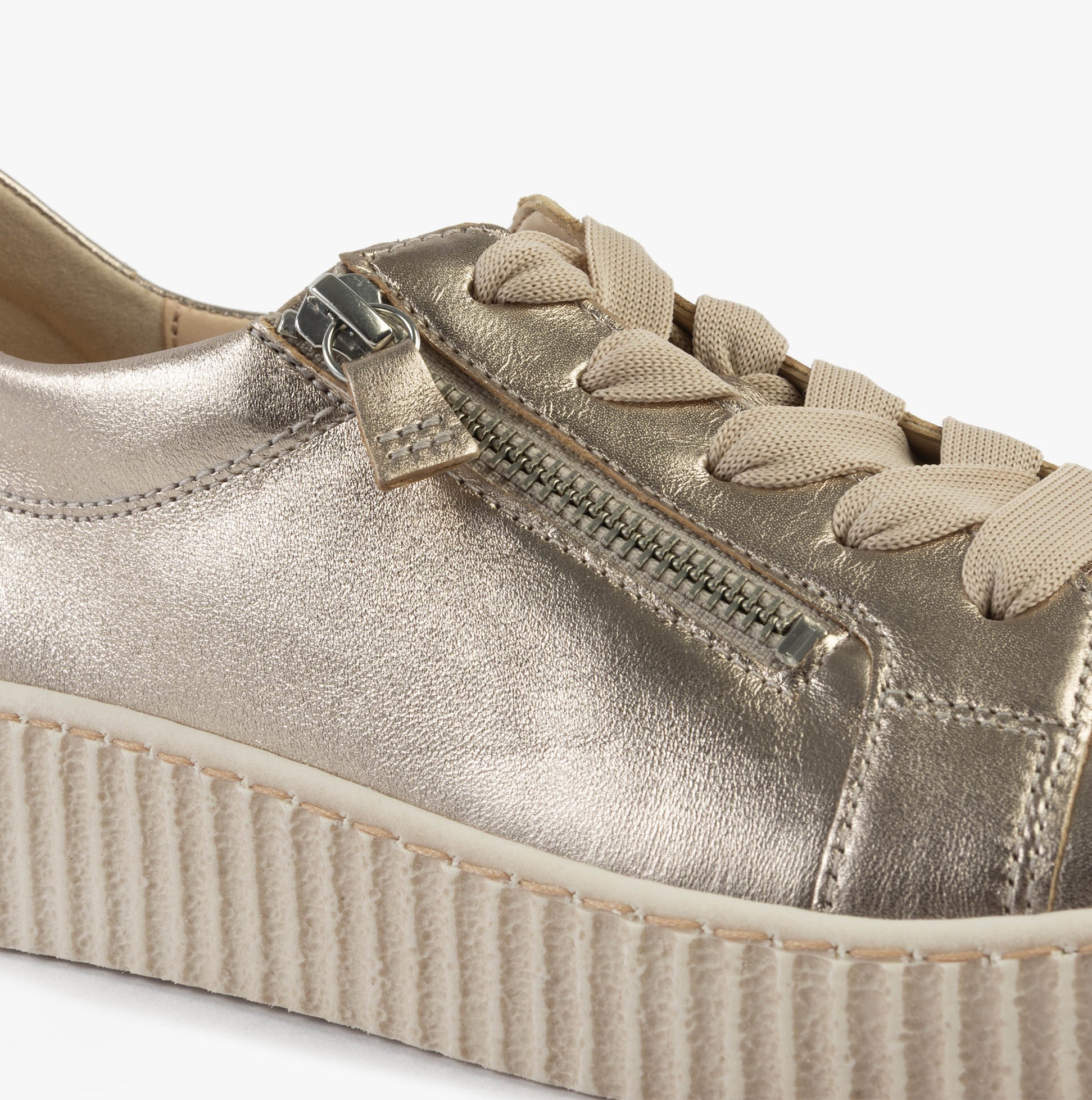Gabor WISDOM Womens Trainers Beige close-up view highlighting the metallic upper and decorative laces.