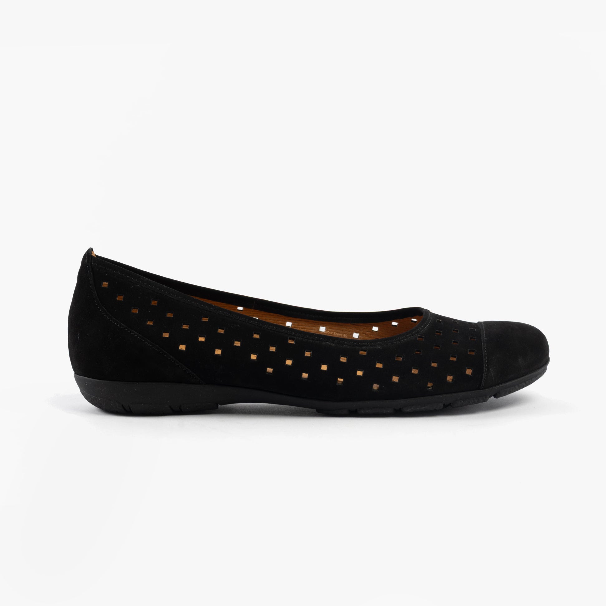 Gabor RUFFLE Womens Shoes Black side view showing the stylish design, made from leather, with a rubber sole and flat heel.
