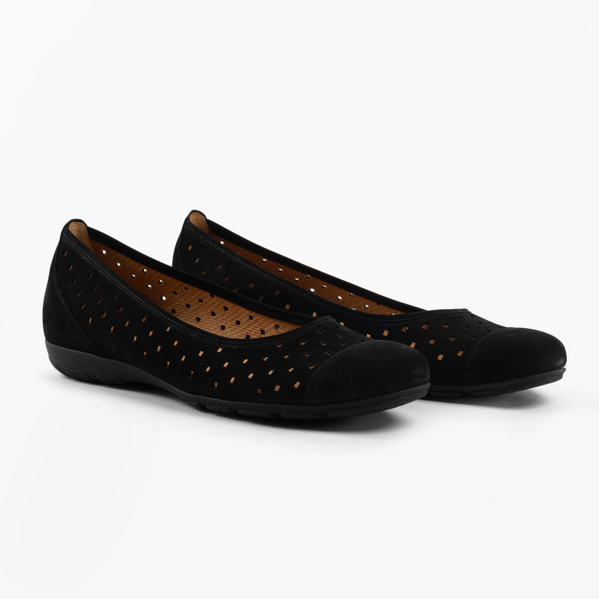 Gabor RUFFLE Womens Shoes Black side view with perforated upper and round toe, lightweight slip-on ballerina style.