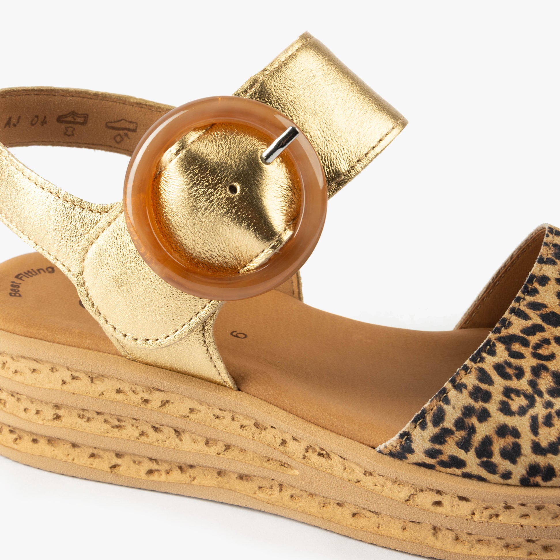 Gabor ANDRE Womens Sandals Medium Brown side view showing leather upper, leopard print detail, and unique buckle.