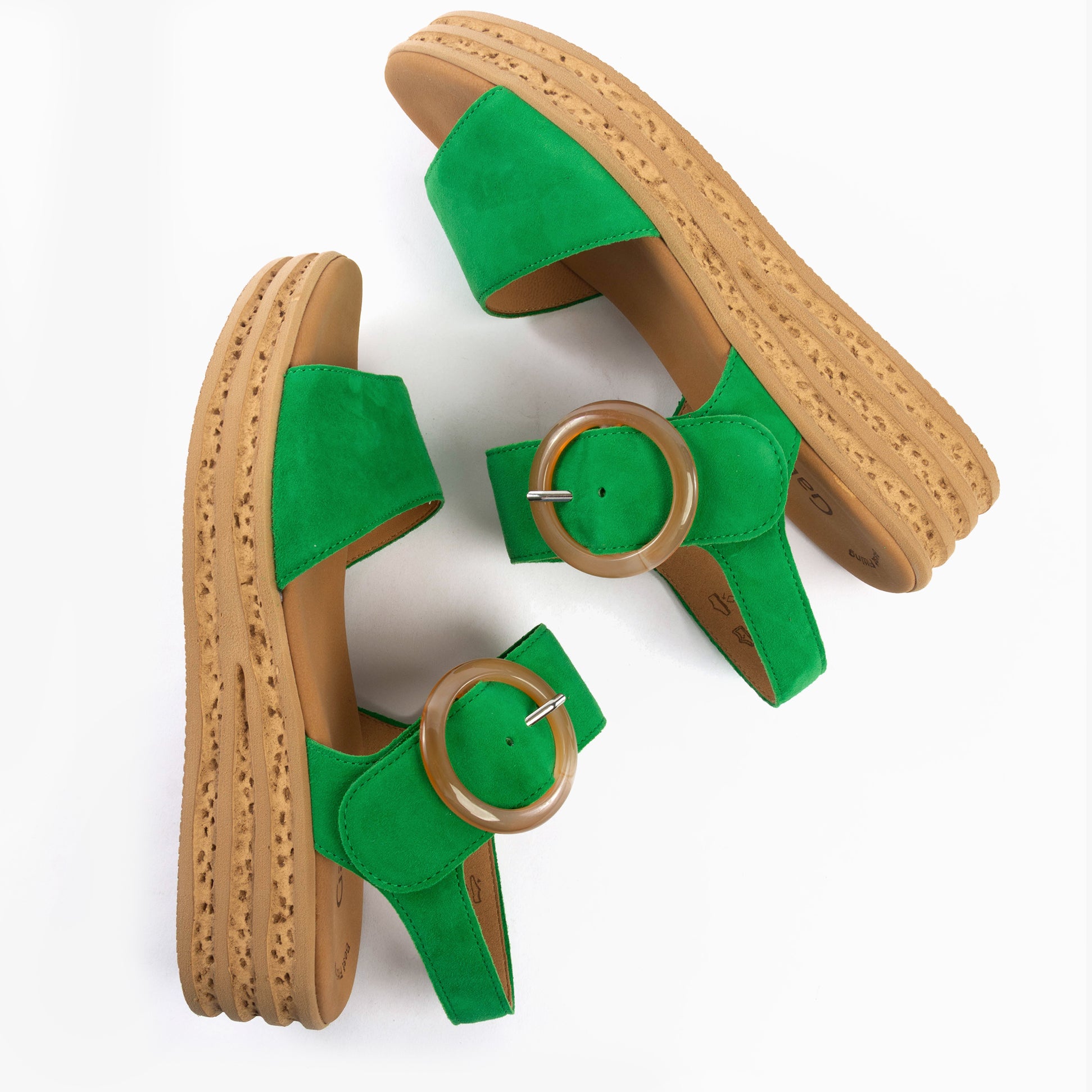 Gabor ANDRE Womens Sandals Green, detail view showcasing the suede upper, wedge heel, and buckle closure.