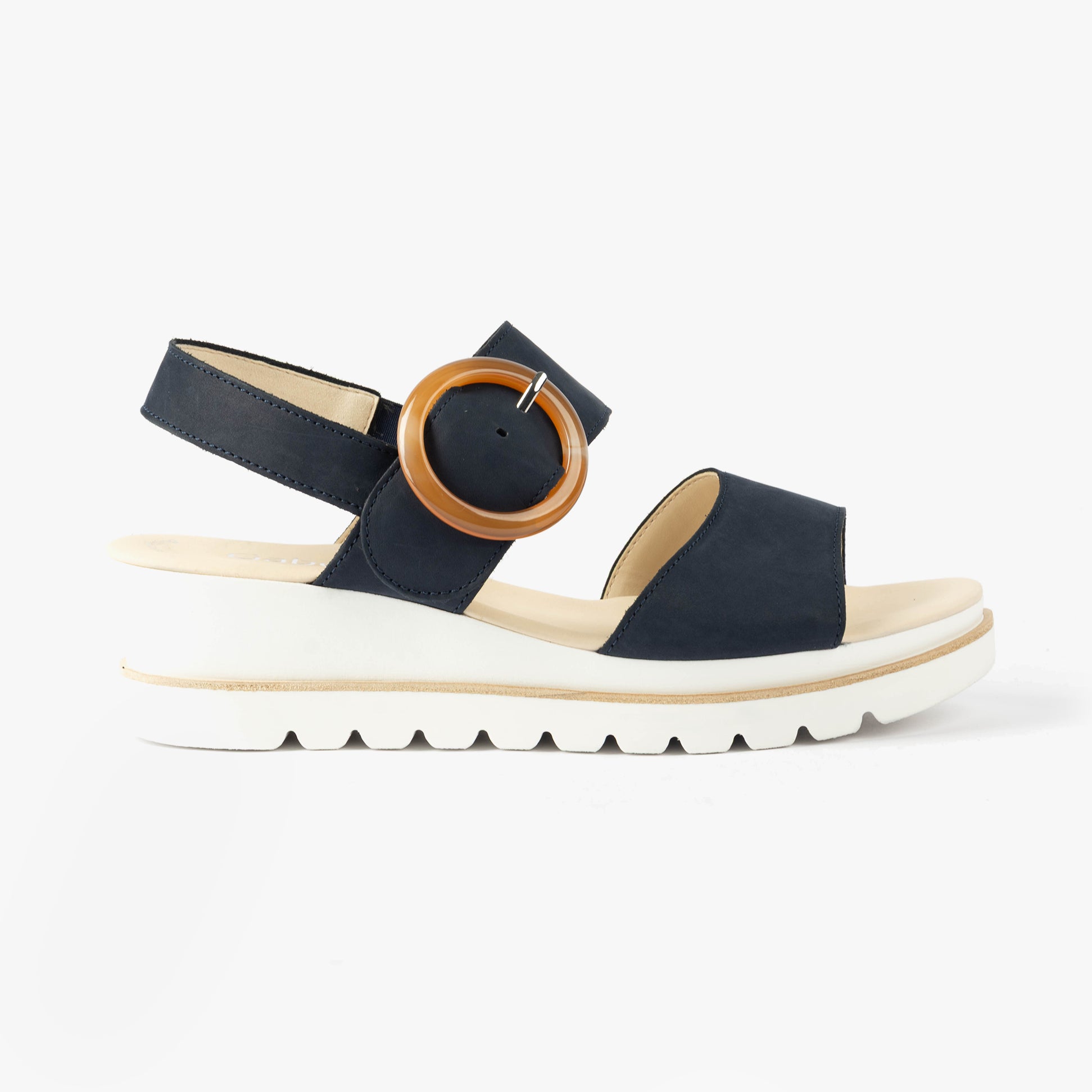 Gabor YEO Womens Sandals Blue side view, leather upper, wedge heel, breathable comfort, buckle closure.