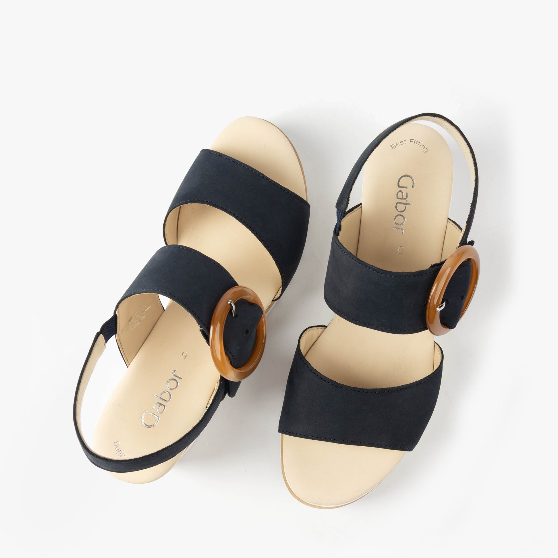 Gabor YEO Womens Sandals Blue top view featuring leather straps and buckle, comfortable design with wedge heel.