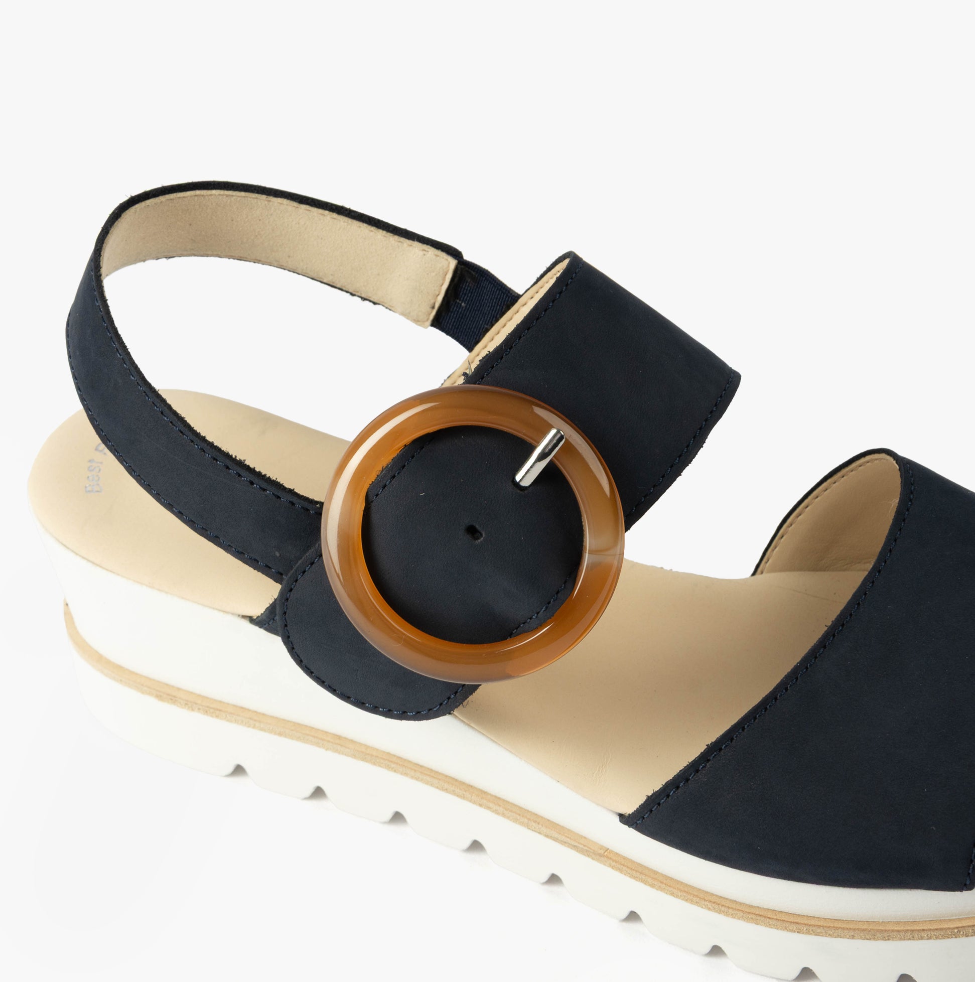 Gabor YEO Womens Sandals Blue side view showing leather upper, buckle closure, and wedge heel design.