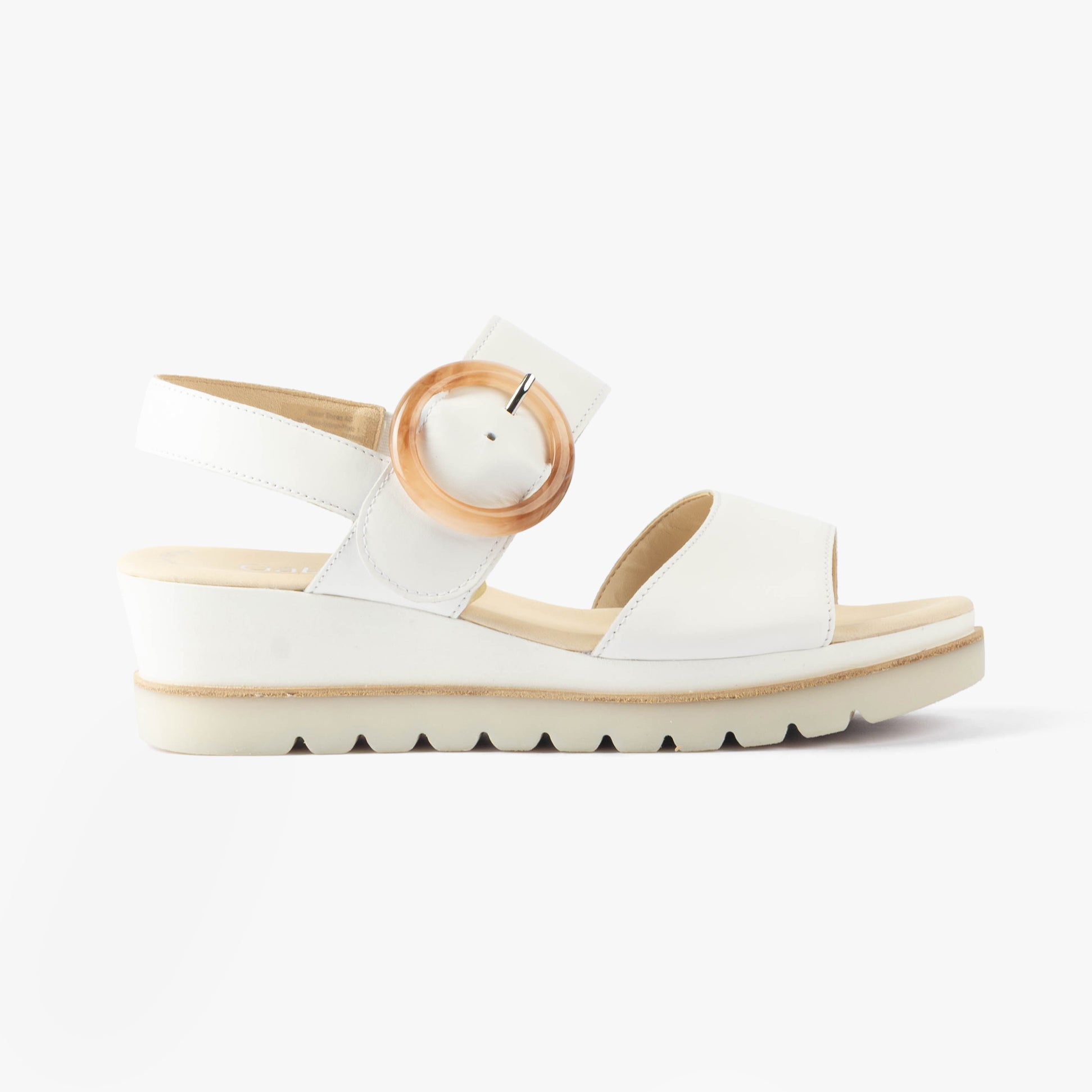 Gabor YEO Womens Sandals White side view with leather upper, buckle closure, and lightweight wedge heel.