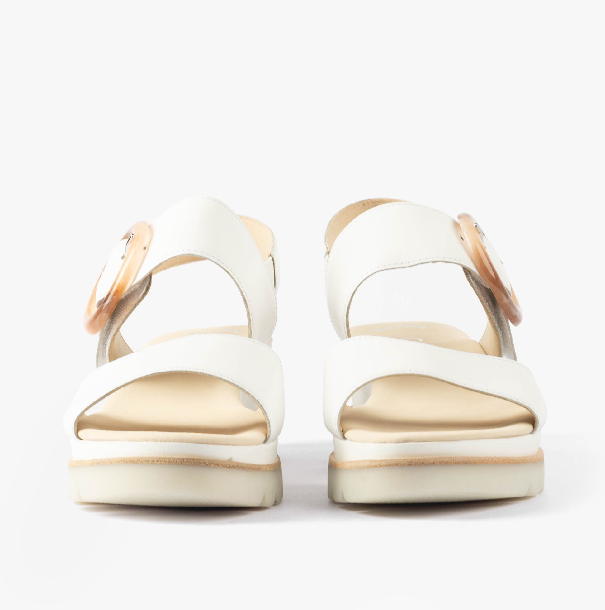 Gabor YEO Womens Sandals White back view, featuring a sleek design with a buckle and low wedge heel.