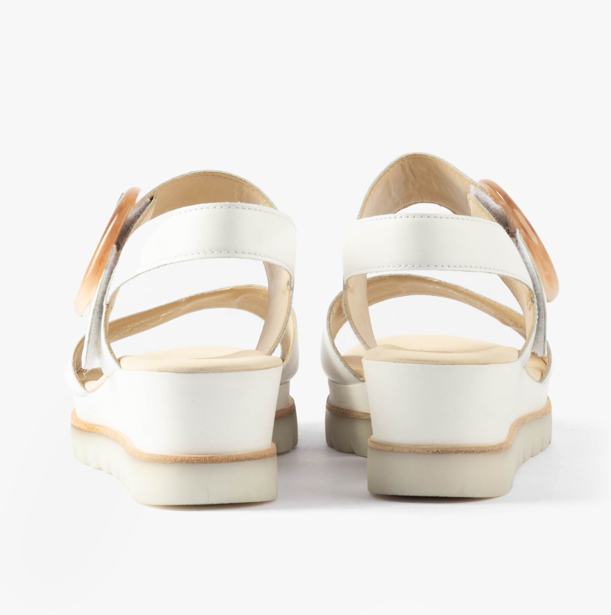 Gabor YEO Womens Sandals White back view showing leather upper, buckle details and wedge heel design.