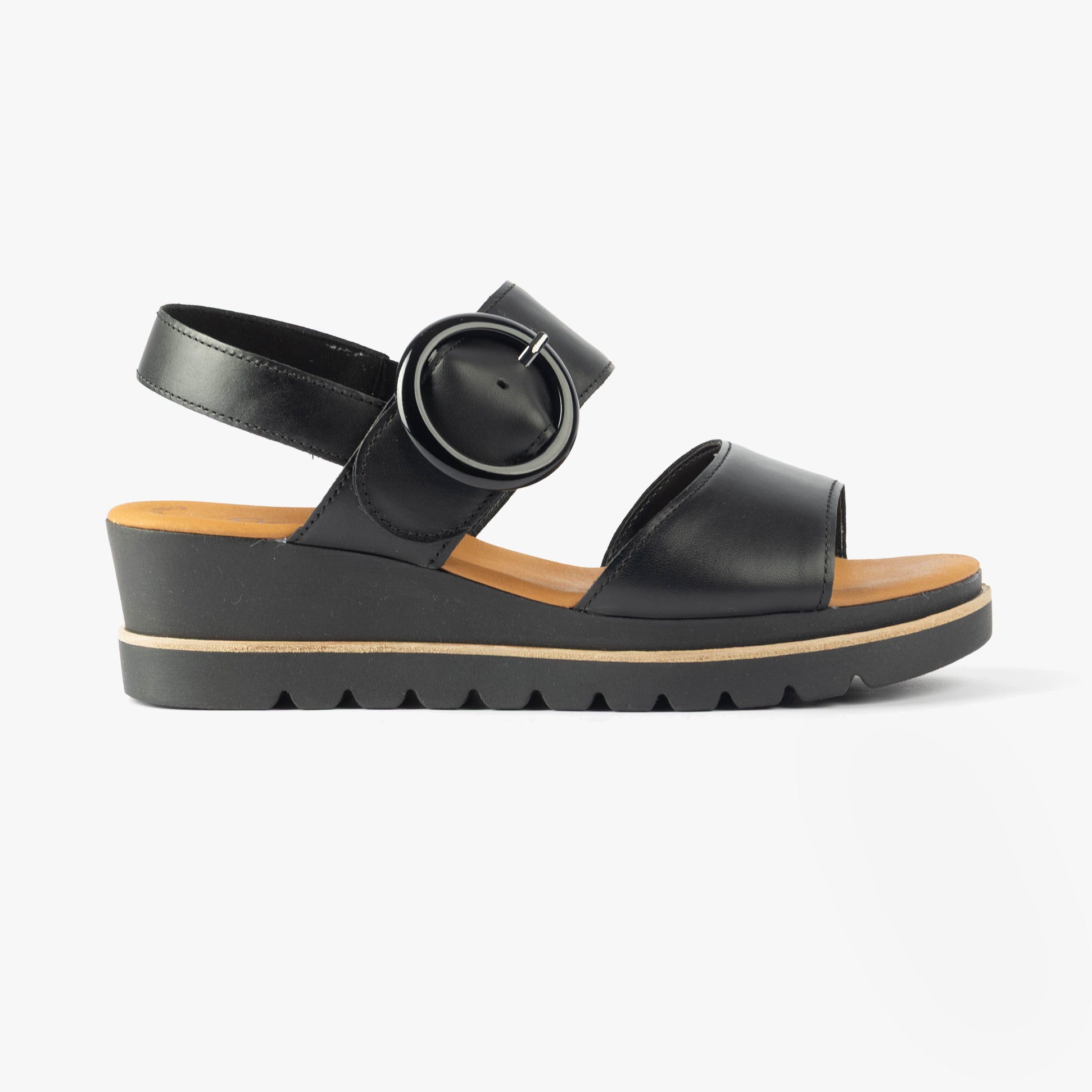Gabor YEO Womens Sandals Black side view showcasing the leather upper, buckle closure, and wedge heel design.