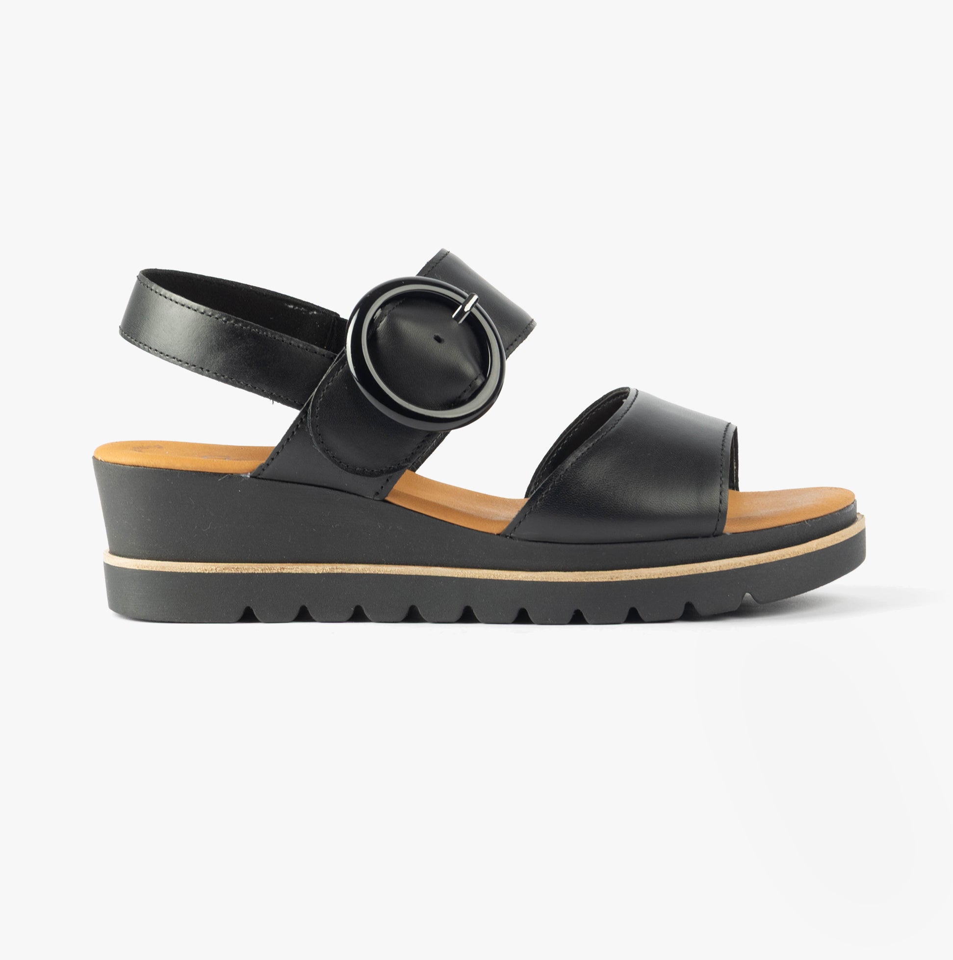 Gabor YEO Womens Sandals Black side view showcasing the leather upper, buckle closure, and wedge heel design.