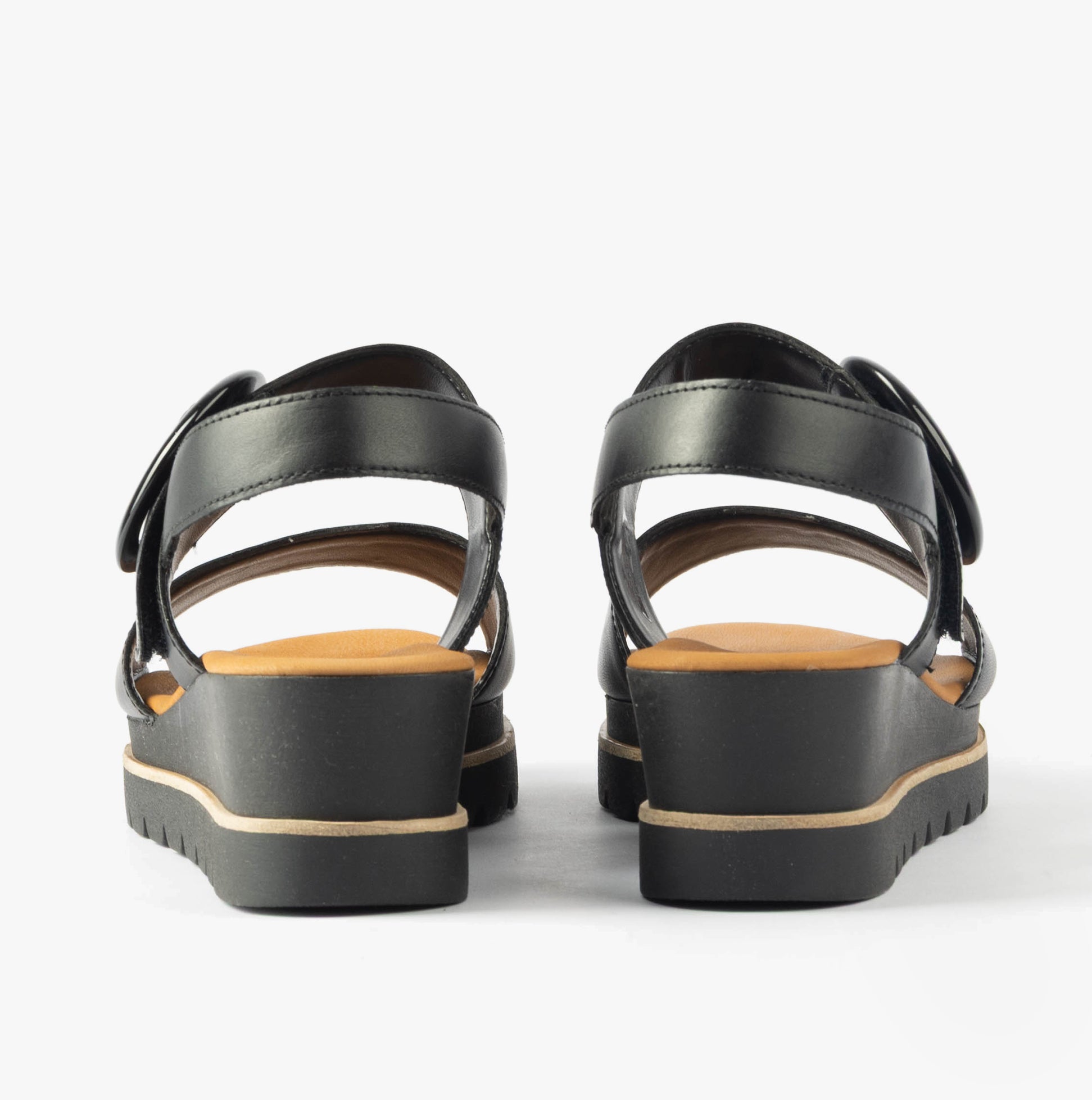 Gabor YEO Womens Sandals Black back view showing leather upper and wedge heel design.