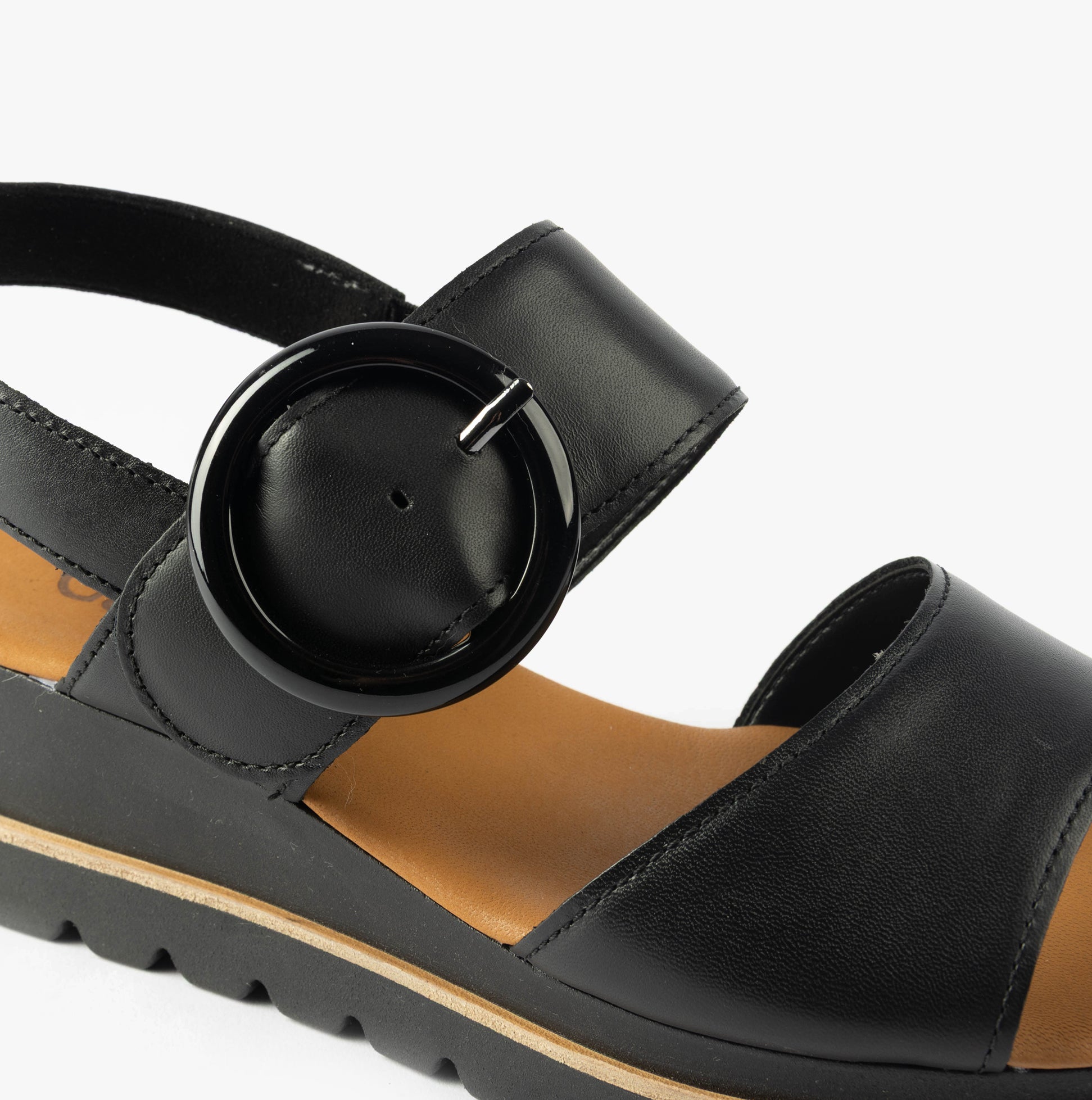 Gabor YEO Womens Sandals Black detail view showcasing the buckle and leather upper material.