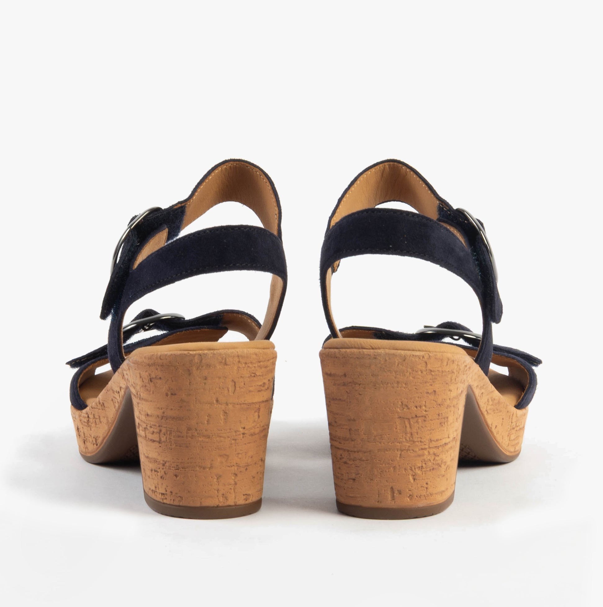 Gabor FANTASTICA Womens Sandals Dark Blue rear view showcasing block heel design and buckle fastening.