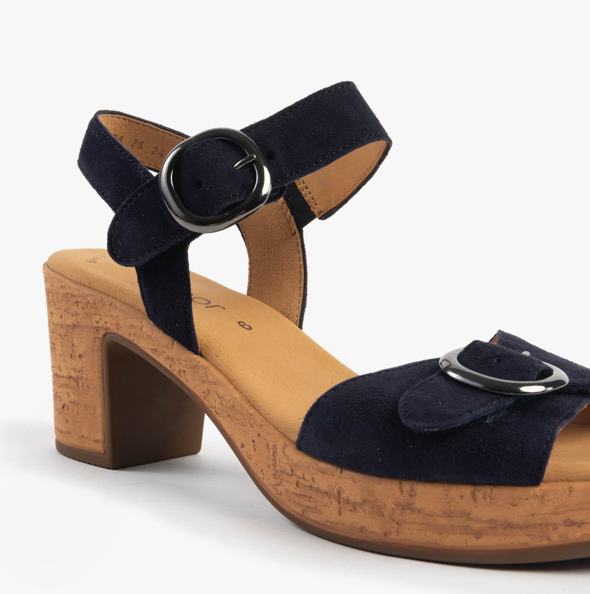 Gabor FANTASTICA Womens Sandals Dark Blue side view showcasing block heel and buckle detail.
