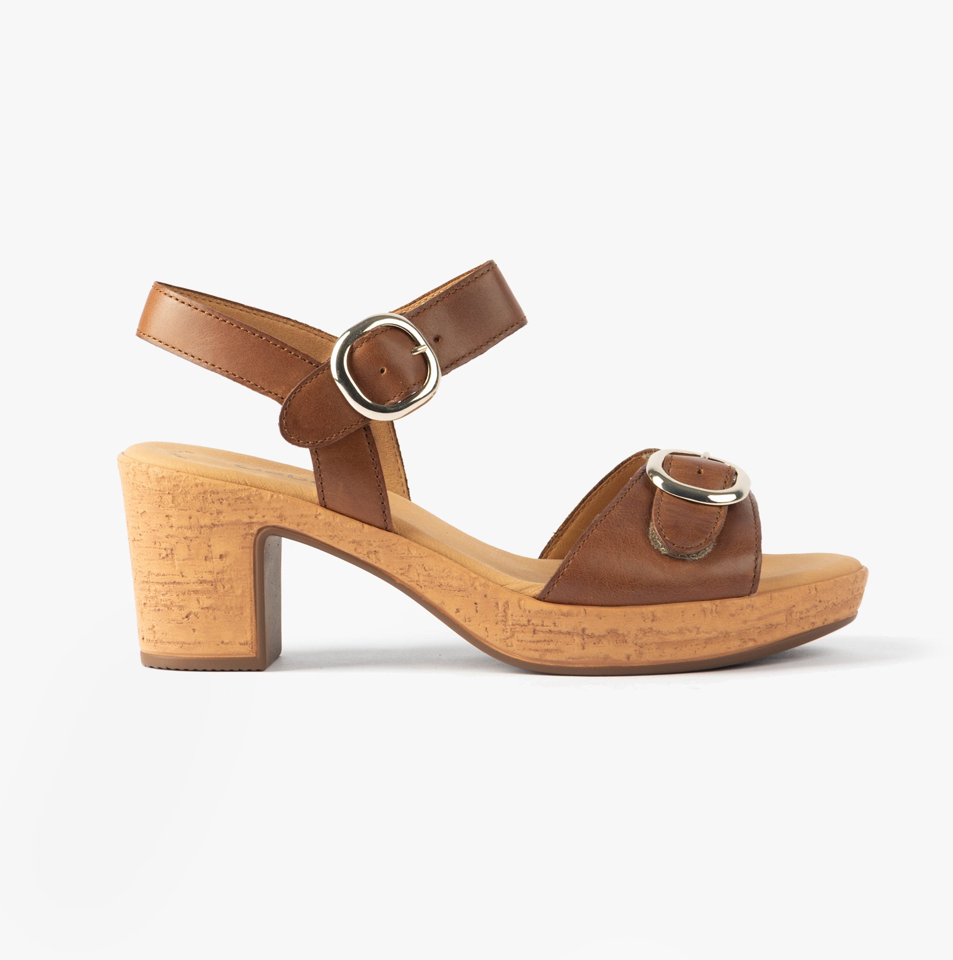 Gabor FANTASTICA Womens Sandals Brown side view featuring leather upper, block heel, and buckle fastening.