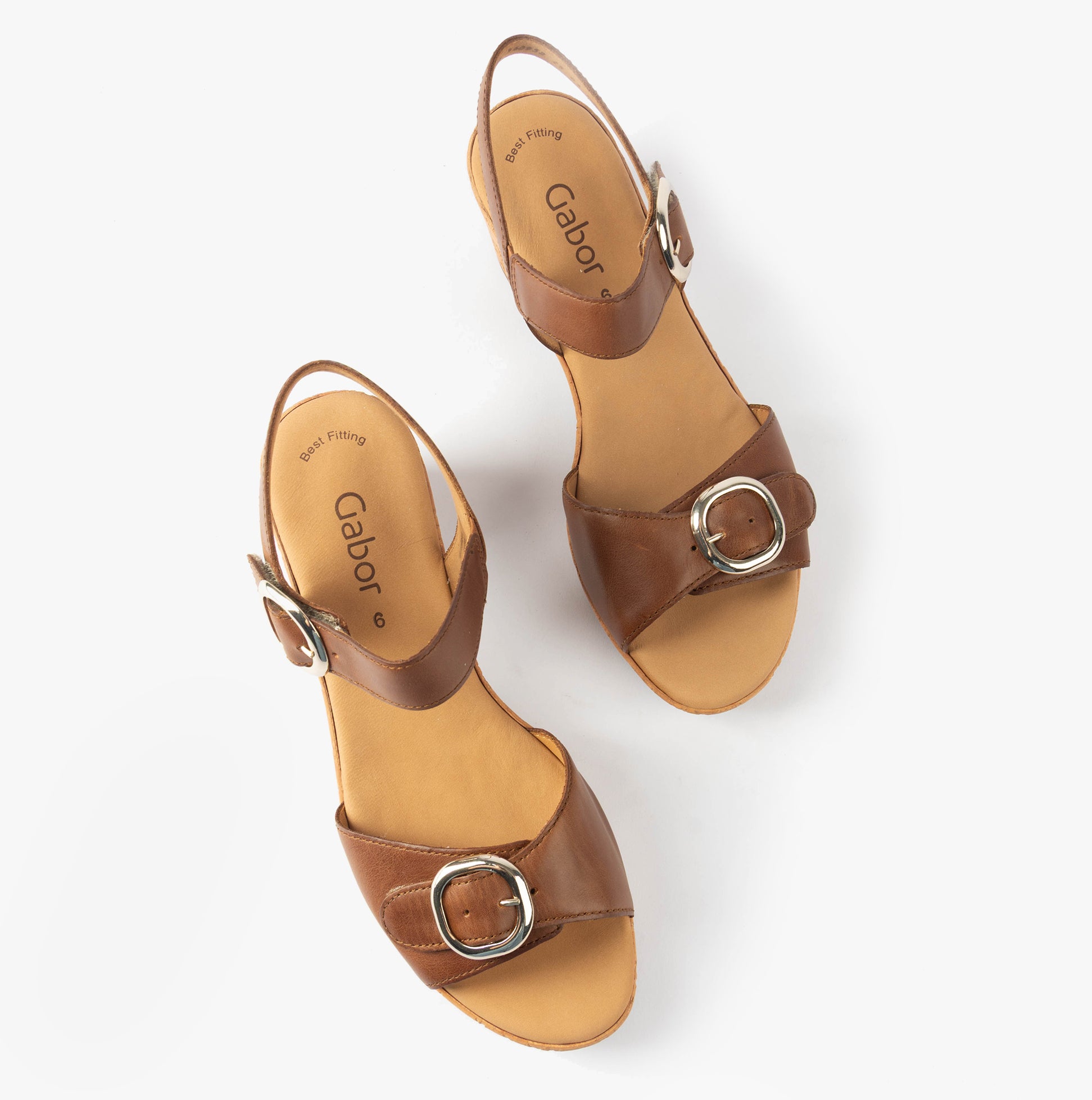 Gabor FANTASTICA Womens Sandals Brown top view showing leather upper, buckle closure, and medium block heel.